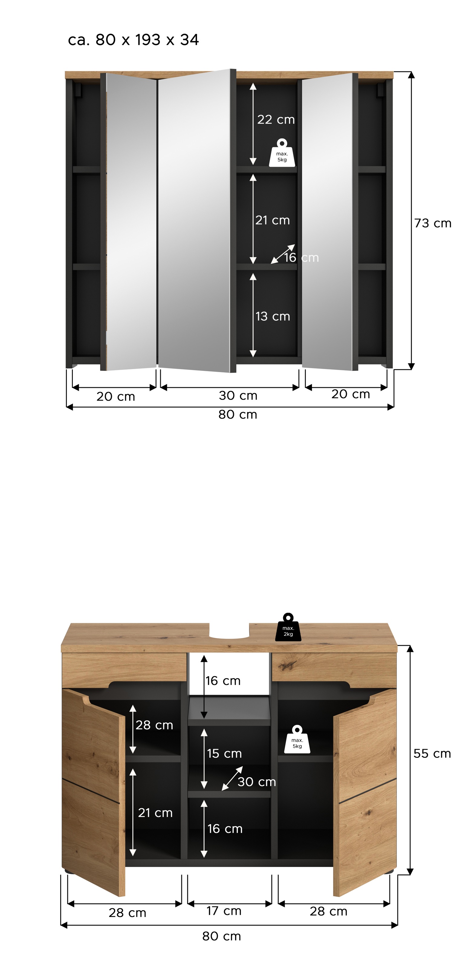 INOSIGN Badmöbel-Set »REHAT, 2-teilig, Breite 80 cm, mit Grifflosen Fronten, bestehend aus:«, (2 St.), 1x Waschbeckenunterschrank & 1x Spiegelschrank