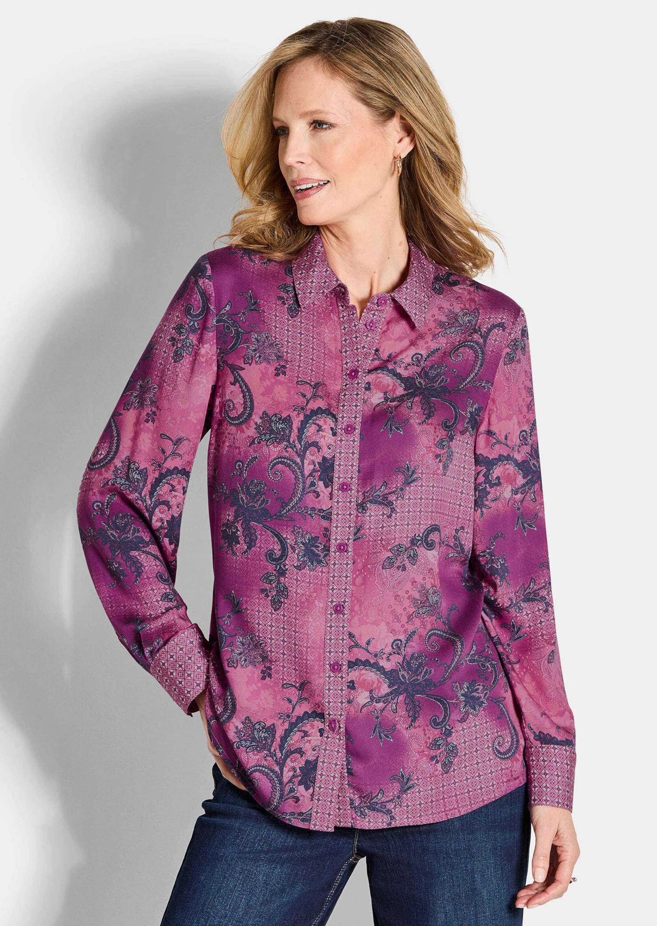 Thumbnail - GOLDNER Hemdbluse "Kurzgröße Elegante Satinbluse mit Paisley-Design" Paisley-Patchdessin