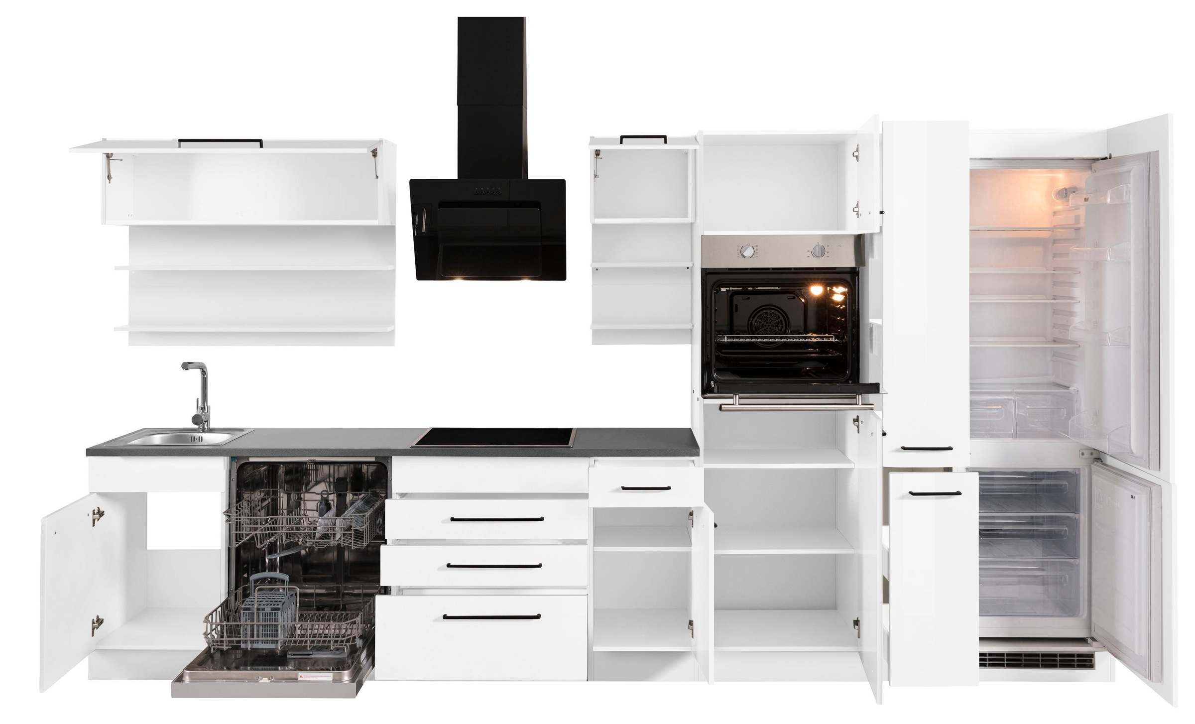 KOCHSTATION Küchenzeile »KS-Tulsa«, ohne E-Geräte, Breite 360 cm, schwarze Metallgriffe, MDF Fronten