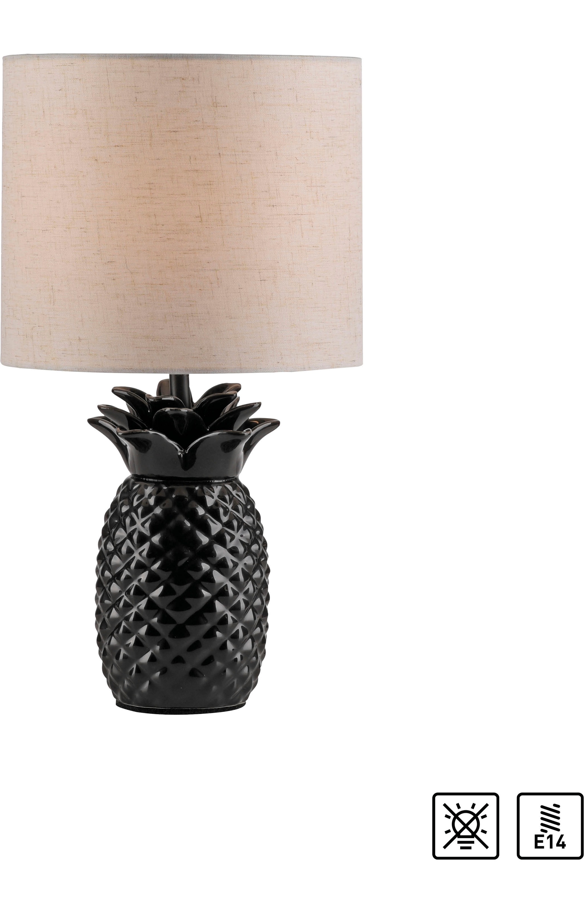 Leonique Tischleuchte »Tenille - Tischlampe im Ananas Design«, 1 flammig, Leuchtmittel E14 | ohne Leuchtmittel, Leinenschirm, Ananas, Pineapple, schwarz, E14