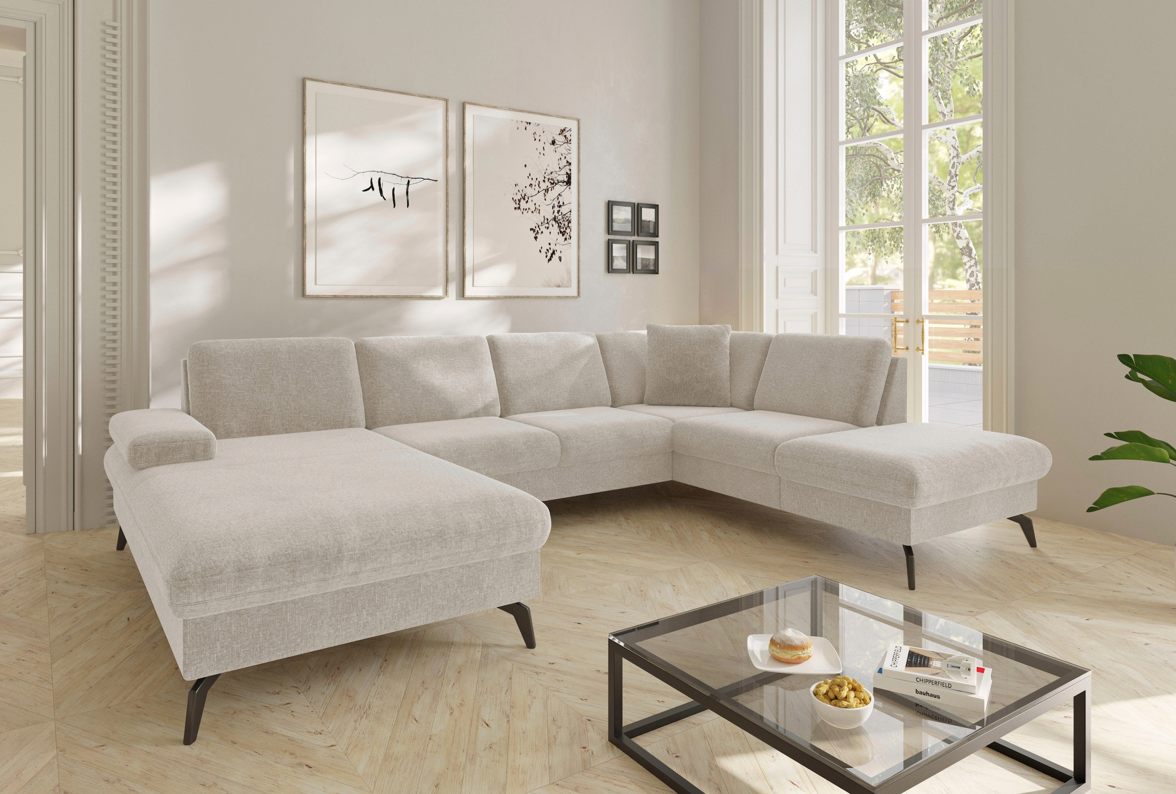 sit&more Wohnlandschaft "Morris Jubi U-Form, B: 300 cm, Armteilverstellung" optional mit Bettfunktion, 1 Zierkissen, komfortable Sitzhöhe 44 cm