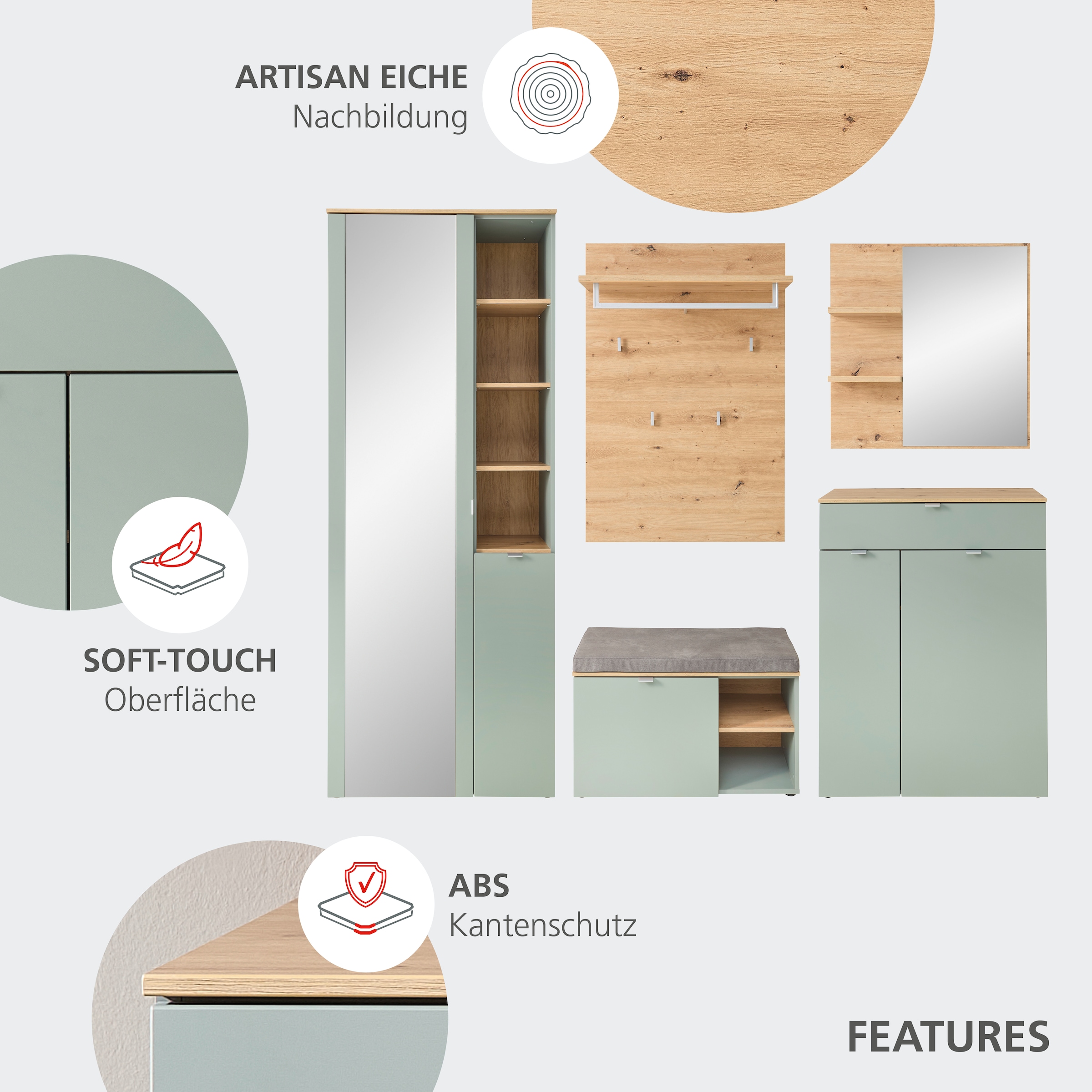 Innostyle Garderobenschrank »BARI Garderobenschrank mit Spiegel, BxHxT 78x202x38 cm«, (1 St.), 2 türig, 10 Fächer, Softclose, ABS Kantenschutz, Kleiderstange