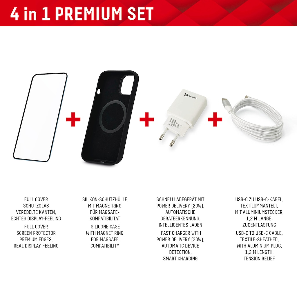 Displex Displayschutzglas »Premium Set 4in1«, für Apple iPhone 15 Pro Max, (Set, 4 St., bestehend aus Displayschutz, Case, Kabel, Netzteil)