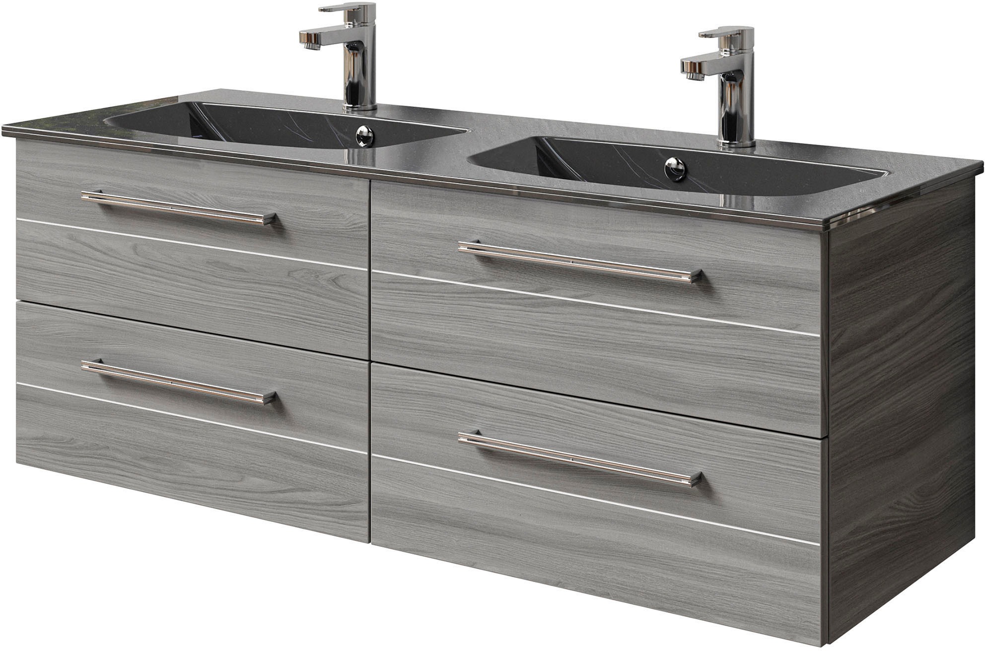 Saphir Badmöbel-Set »Serie 6025 2-teilig Mineralmarmor-Waschtisch mit LED-Spiegelschrank«, (2 St.), Waschplatz 132cm breit, 4 Schubladen, 2 Spiegel-Türen, inkl Türdämpfer