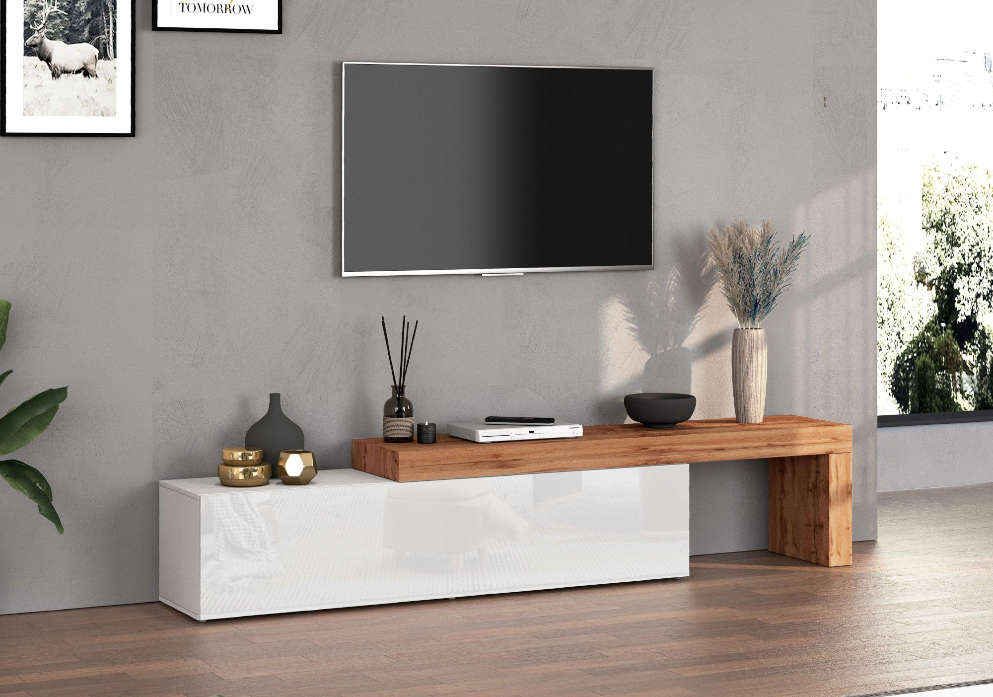 INOSIGN Lowboard »Chronos TV-Board, TV-Schrank«, (1 St., Breite verstellbar von 190 bis 350 cm), Breite 270 cm TV-Board,Lowboard,1 Klappe und ein L-Förmiger Aufsatz