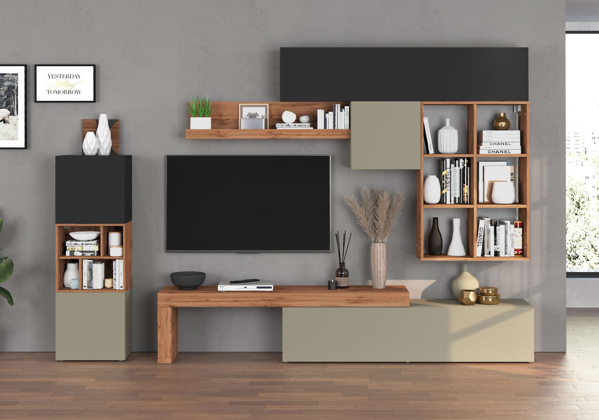 INOSIGN Wohnwand »Chronos Wohnwand, Medienwand, 8-er set«, (Set, 8 St.), ca. 320 cm mit Hängeschränke, Würfel, Regal, Lowboard, Made in Italy