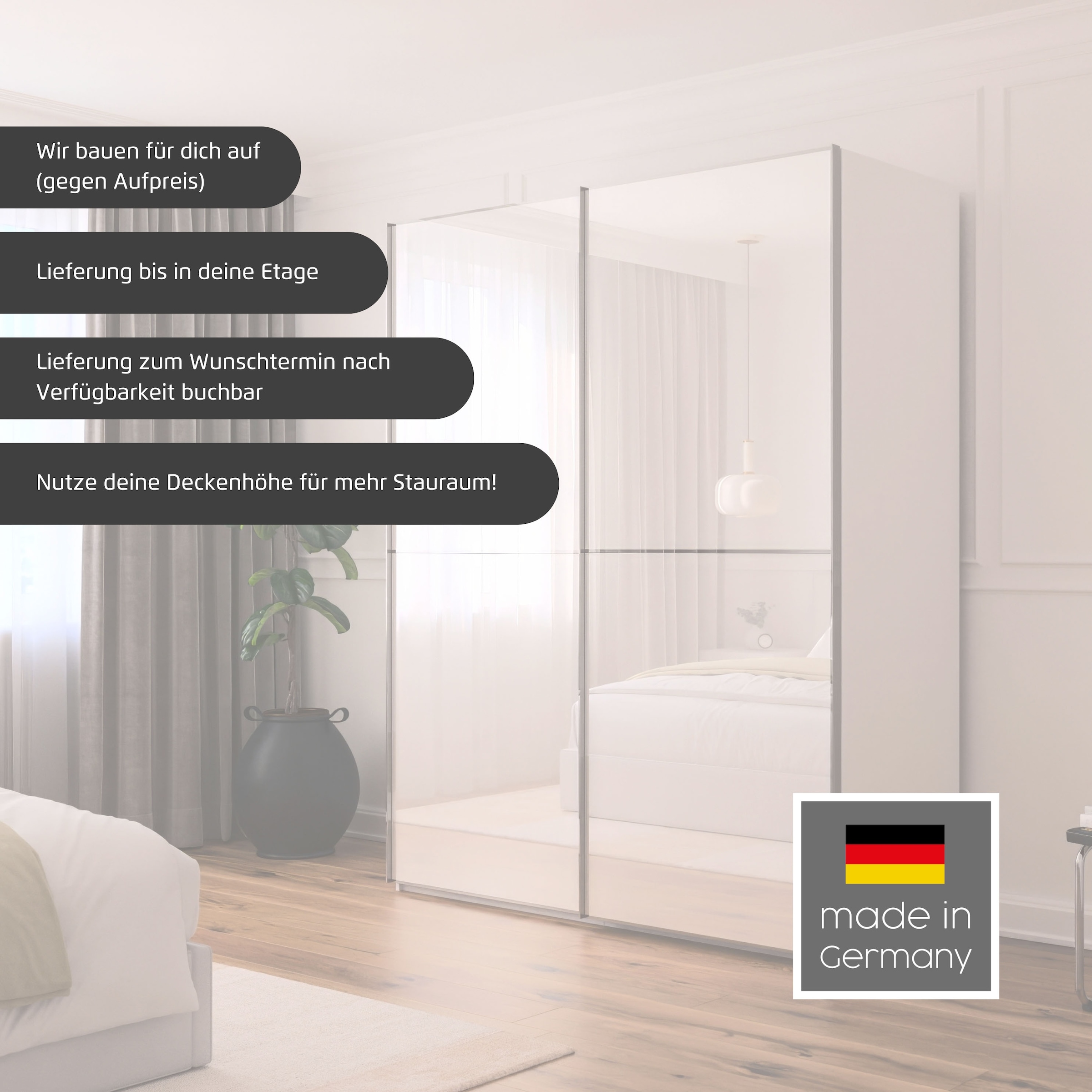 rauch Schwebetürenschrank »Kleiderschrank Schrank Garderobe Schlafzimmerschrank SCALE-DUO«, edle zweigeteilte Türen, Spiegel und 3 Zierleisten MADE IN GERMANY