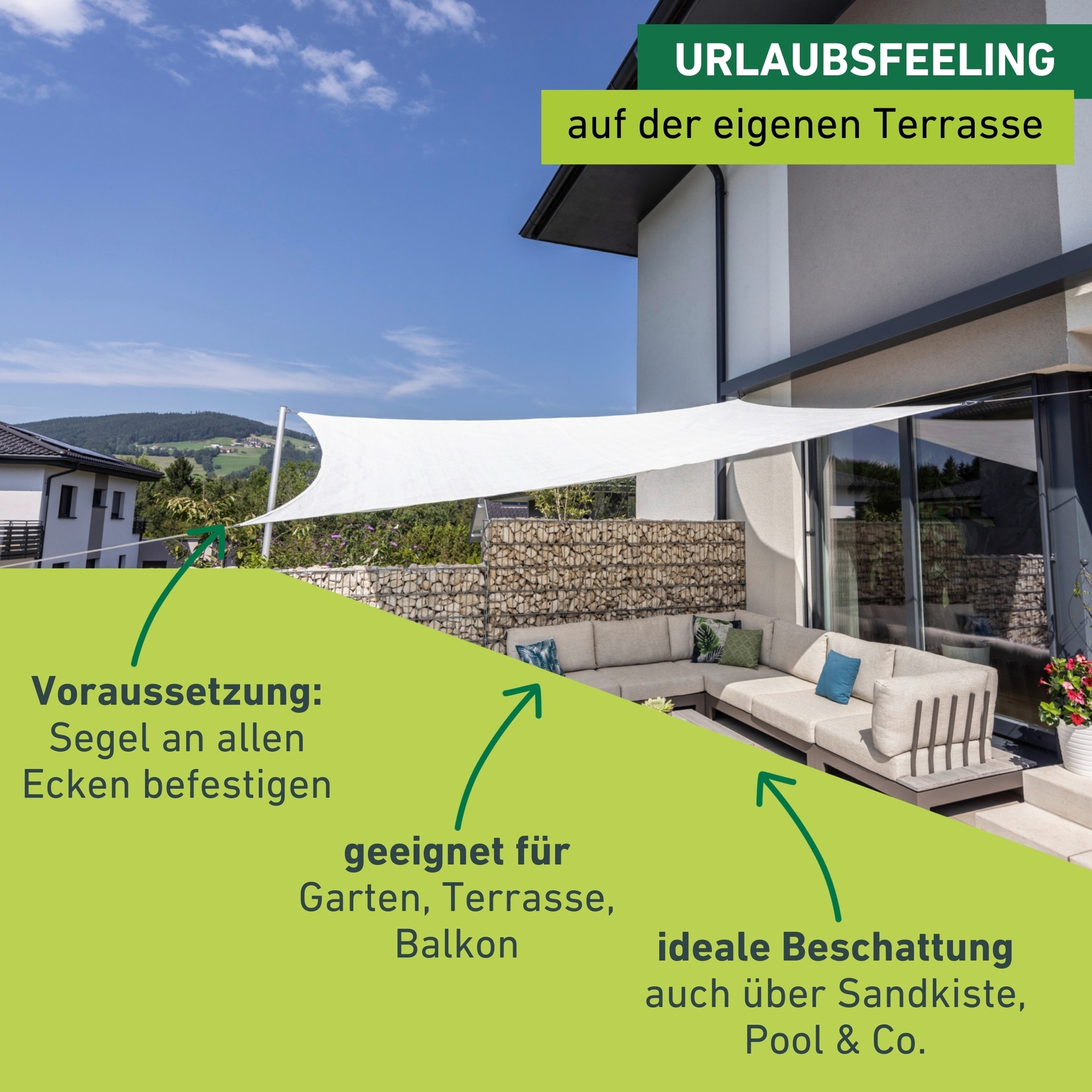 Windhager Sonnensegel »Sonnenschutz aus pflegeleichtem HDPE-Gewebe, Sonnensegel Quadrat« wind- und wasserdurchlässig, 5x5 m, inkl. 4x0,7 m, weiß