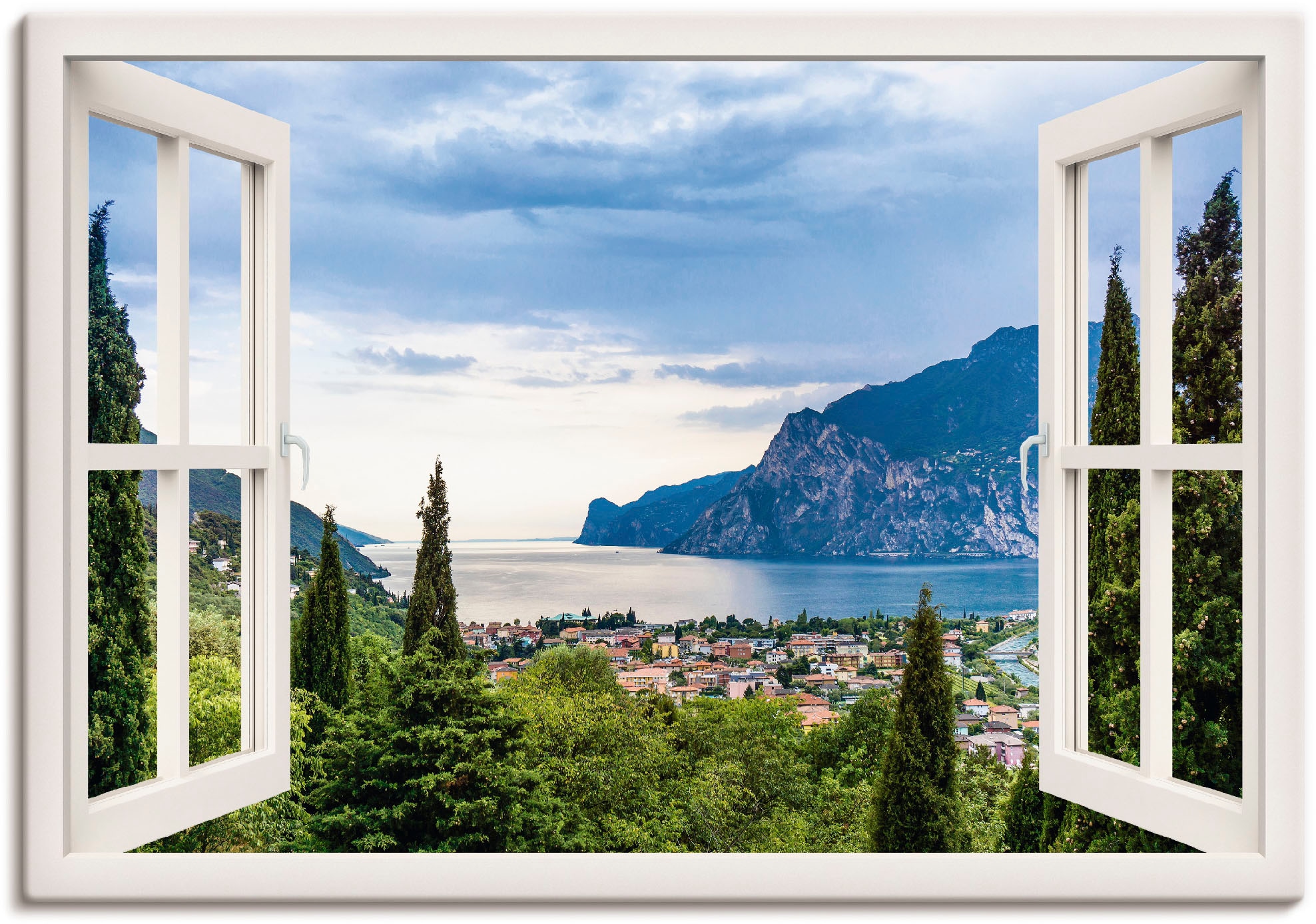 Artland Wandbild "Gardasee durchs weiße Fenster", Seebilder, (1 St.), als Alubild, Outdoorbild, Leinwandbild, Poster, Wa