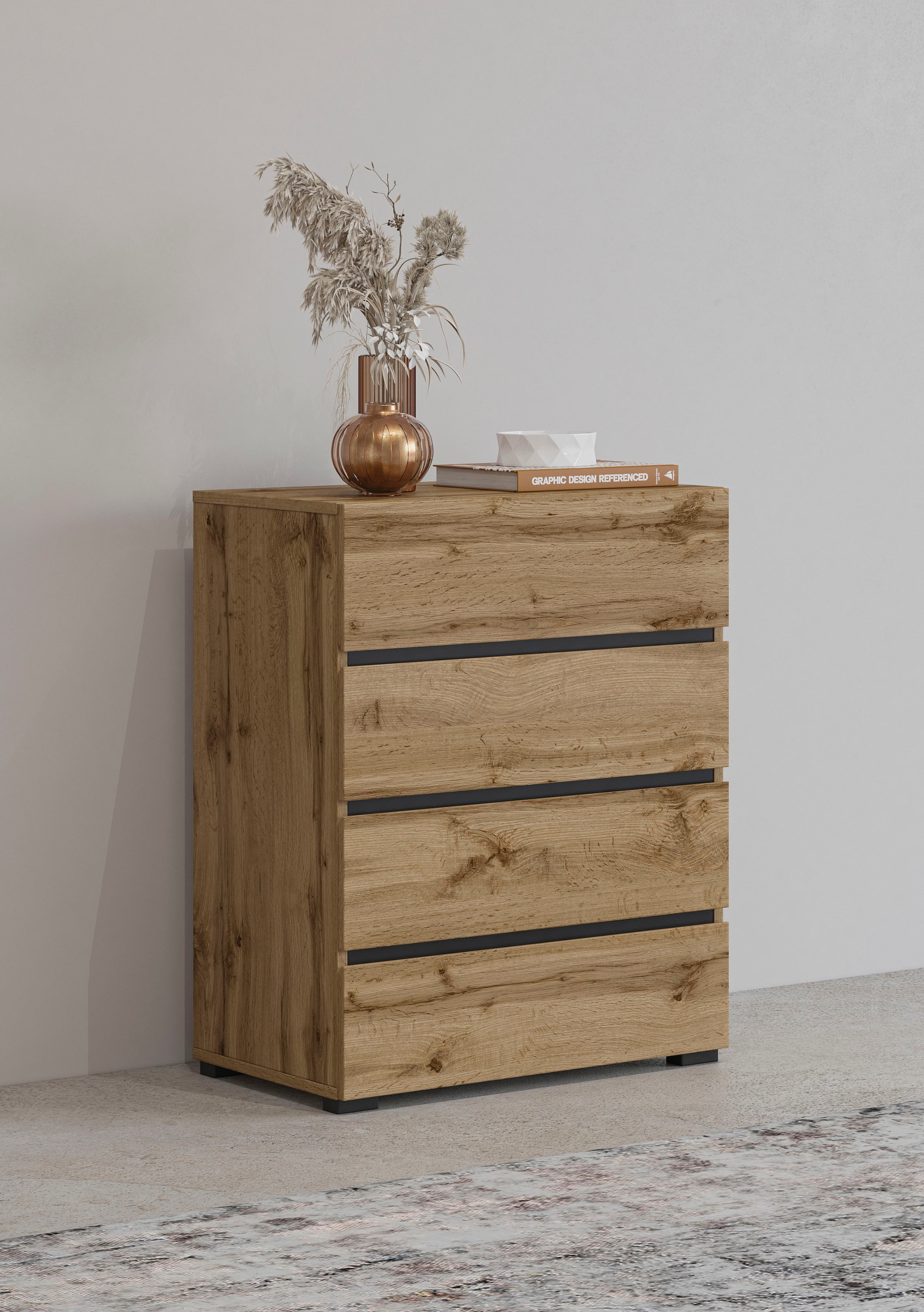 INOSIGN Kommode "Cross,Breite 60 cm, moderne grifflose Sideboard,4 Schubkästen", Schubladenschrank mit viel Stauraum, Fl