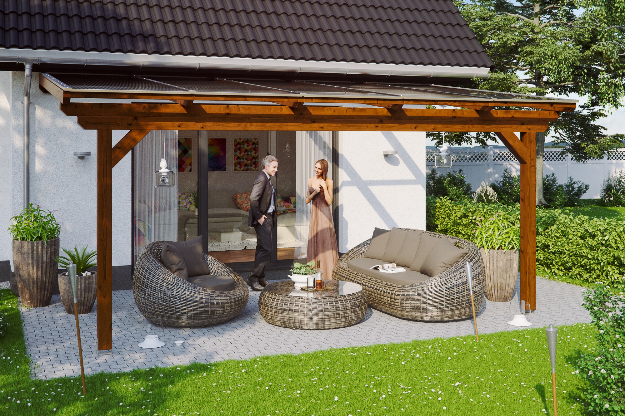 Skan Holz Terrassenüberdachung Ancona 541 x 350 cm Leimholz Nussbaum günstig online kaufen