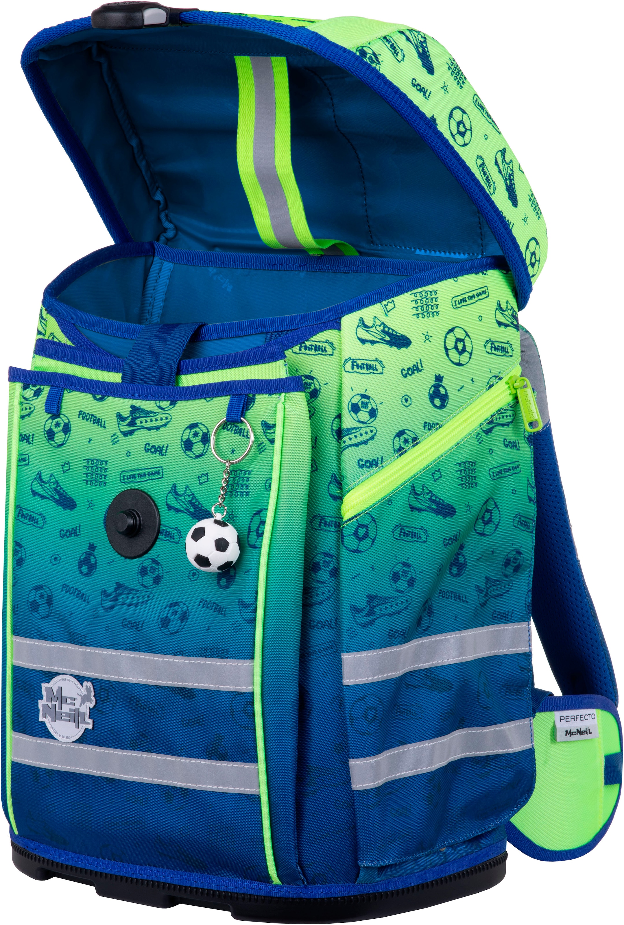 McNeill Schulranzen »Perfecto, Football 2T«, reflektierende Streifen auf den Schultergurten-retroreflektierende Flächen, inkl. Federmäppchen, Turnbeutel, Schlamperrolle & Motivmagnet
