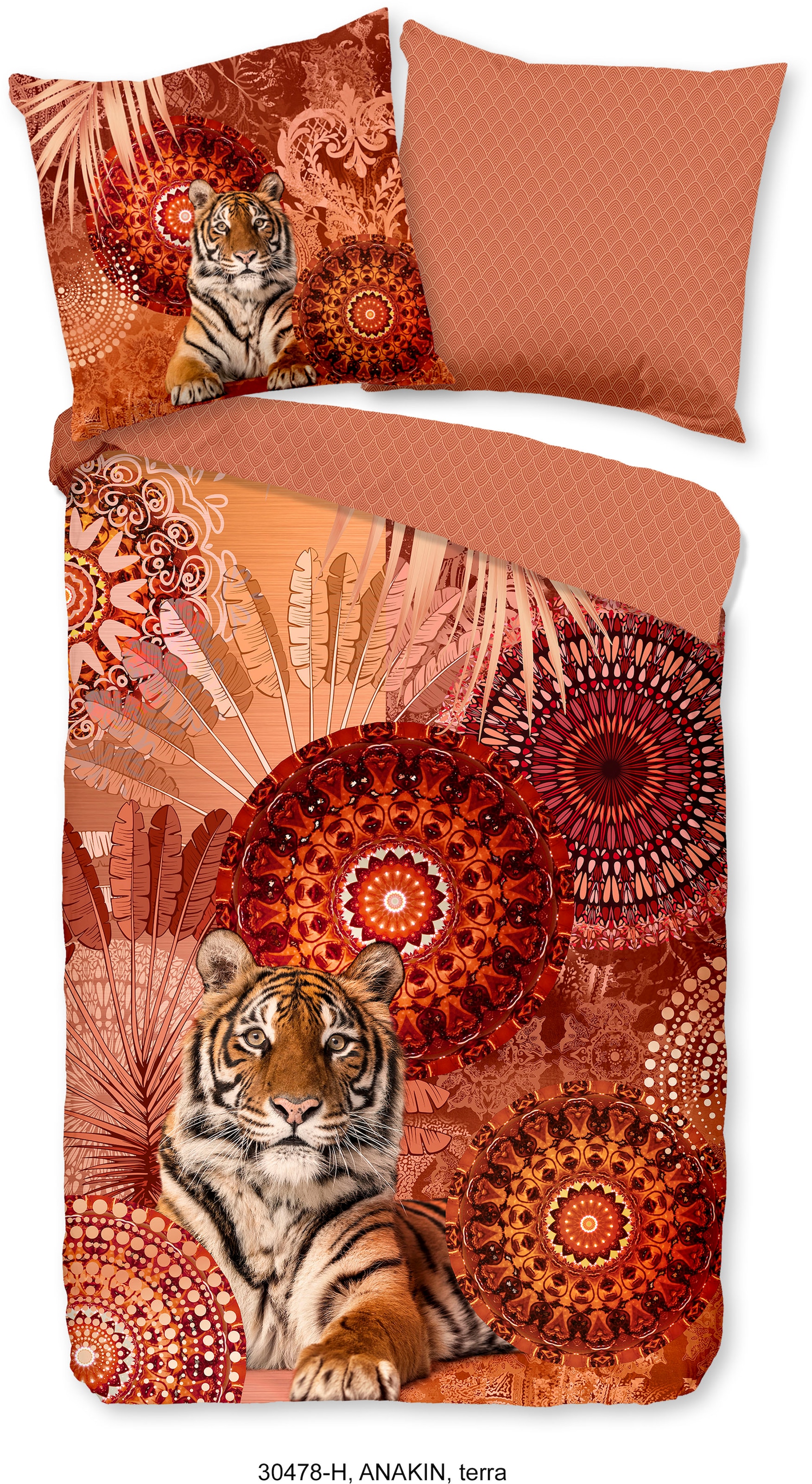 hip Wendebettwäsche "Anakin", Mako-Satin, 135x200, Reißverschluss, Wendeoptik, Mandala, Tiger, Terra