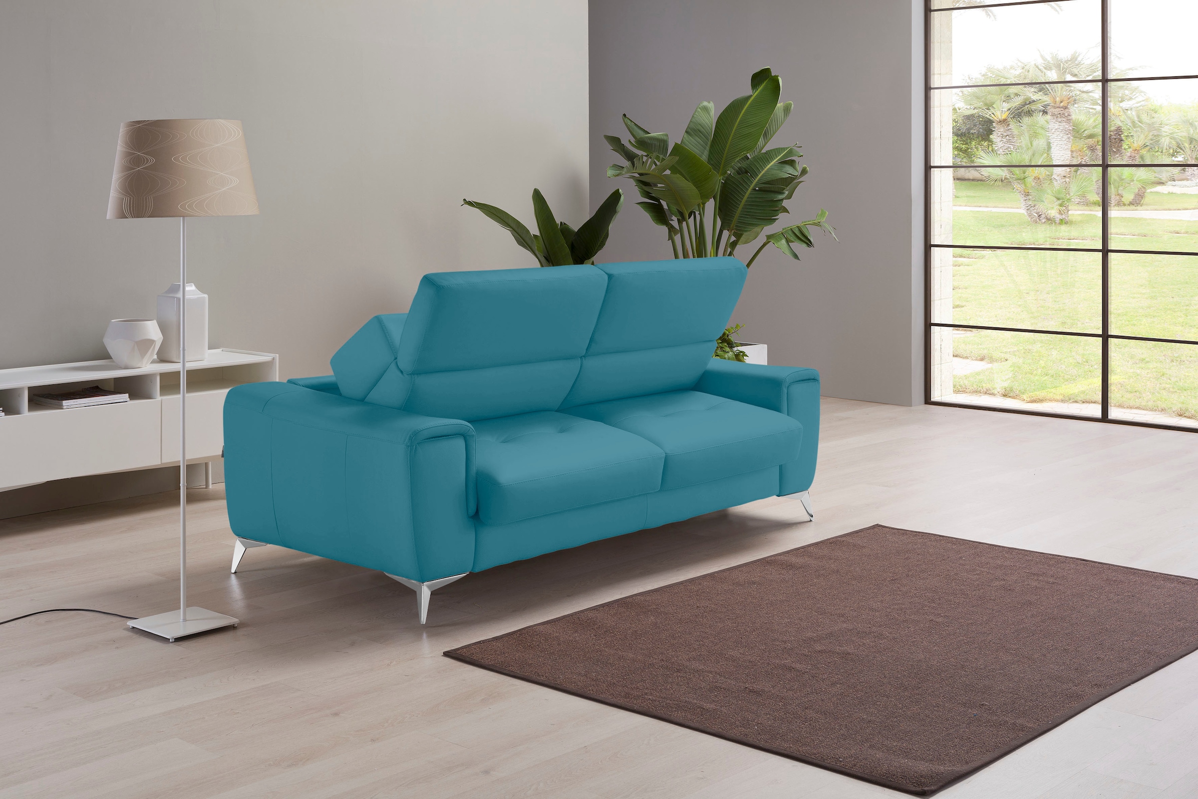 Egoitaliano Schlafsofa "Francine Designsofa, Loungesofa mit Dauerschlaffunktion, Breite 233 cm" mit Bettfunktion, Leder BULL, türkis, Fußfarbe chrom