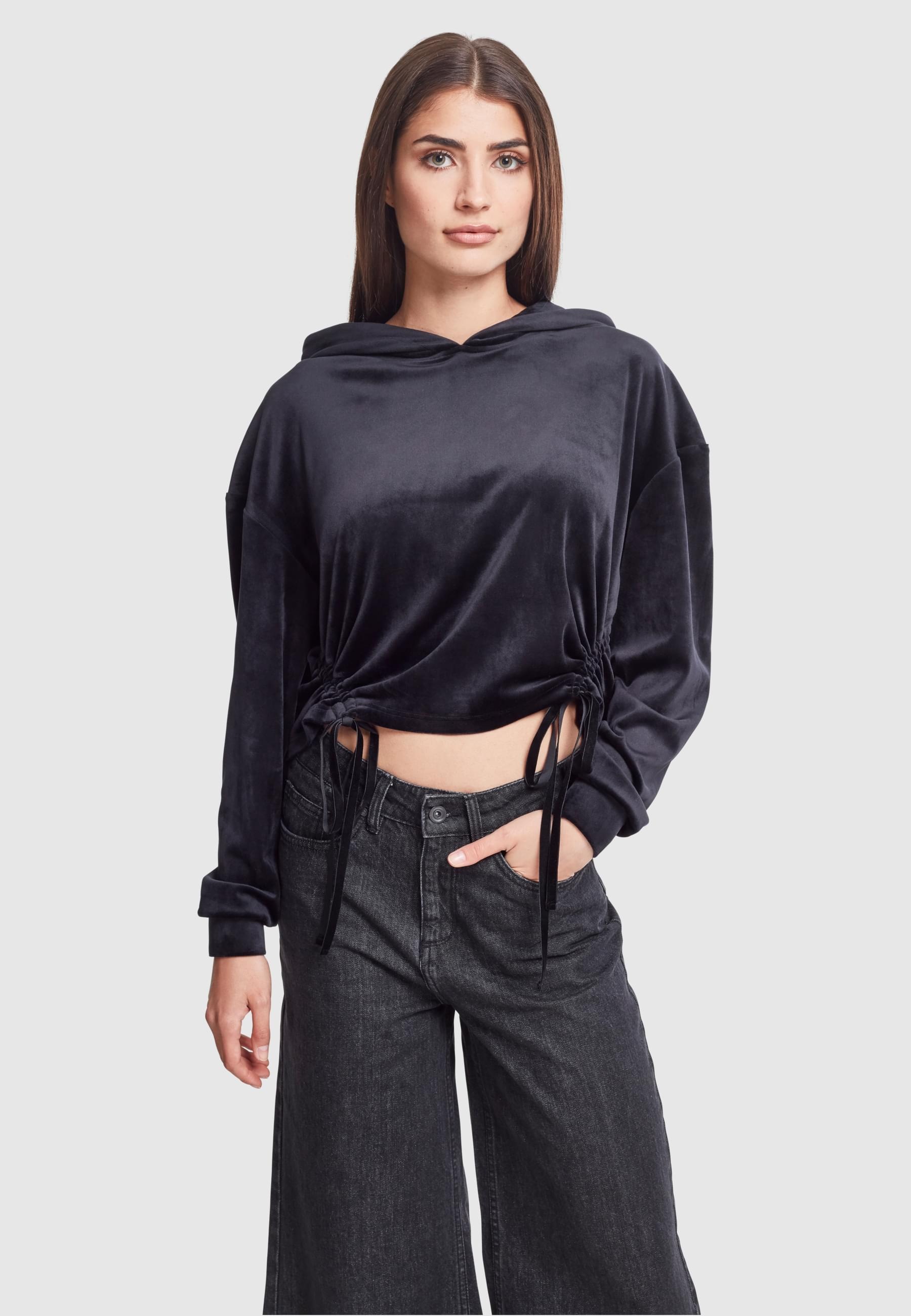 URBAN CLASSICS Rundhalspullover »Urban Classics Damen Ladies Short Velvet Gathered Hoody«, (1 tlg.)