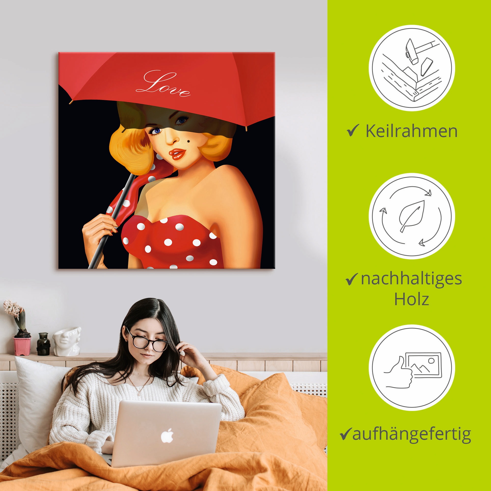Artland Wandbild »Pin-Up Girl unter rotem Regenschirm«, Frau, (1 St.), als Alubild, Outdoorbild, Leinwandbild in verschied. Größen