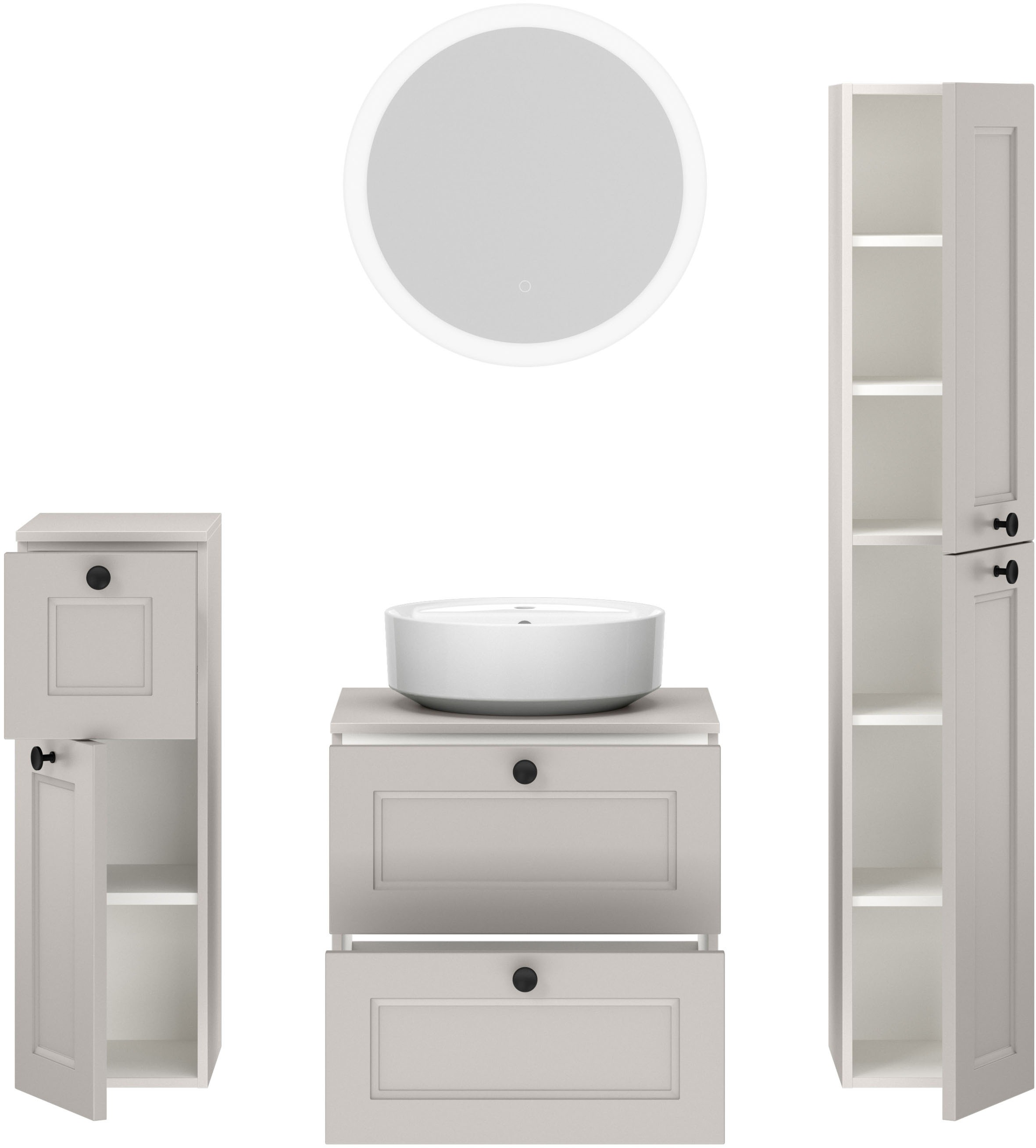 nobilia® Badmöbel-Set »Cascada« Set, inkl.  Aufsatzwaschbecken und beleuchtetem  Spiegel mit Touch-Sensor, 4 Stk. tlg.