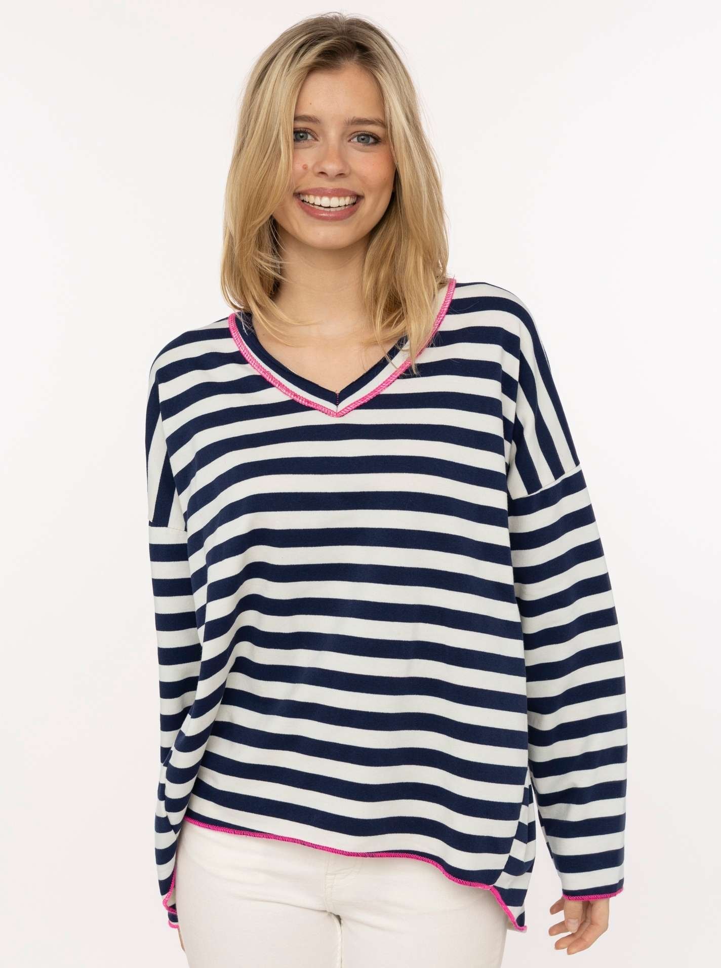 Zwillingsherz Sweatshirt ""Neon Streifen"", offene Kanten für Used-Look, One-Size, Kontrastnaht, V-Neck
