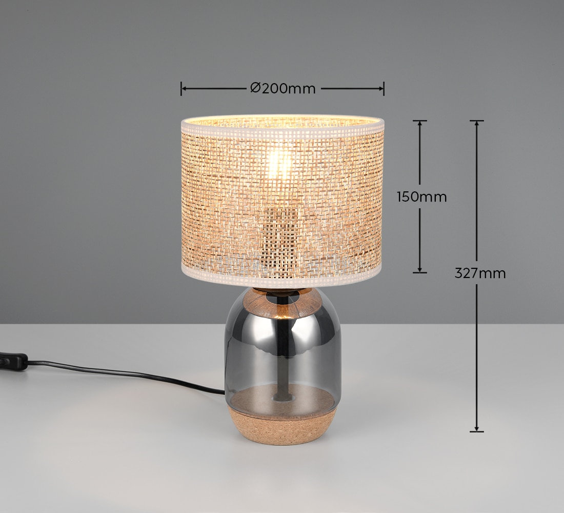 TRIO Leuchten Tischleuchte »TARA, Tischlampe, Fuß aus Glas & Kork, Lampenschirm aus Strohgeflecht« E27 1 Stk. warmweiß - kaltweiß exkl 1x E27 max 10W, Ø 25cm, Schnurschalter