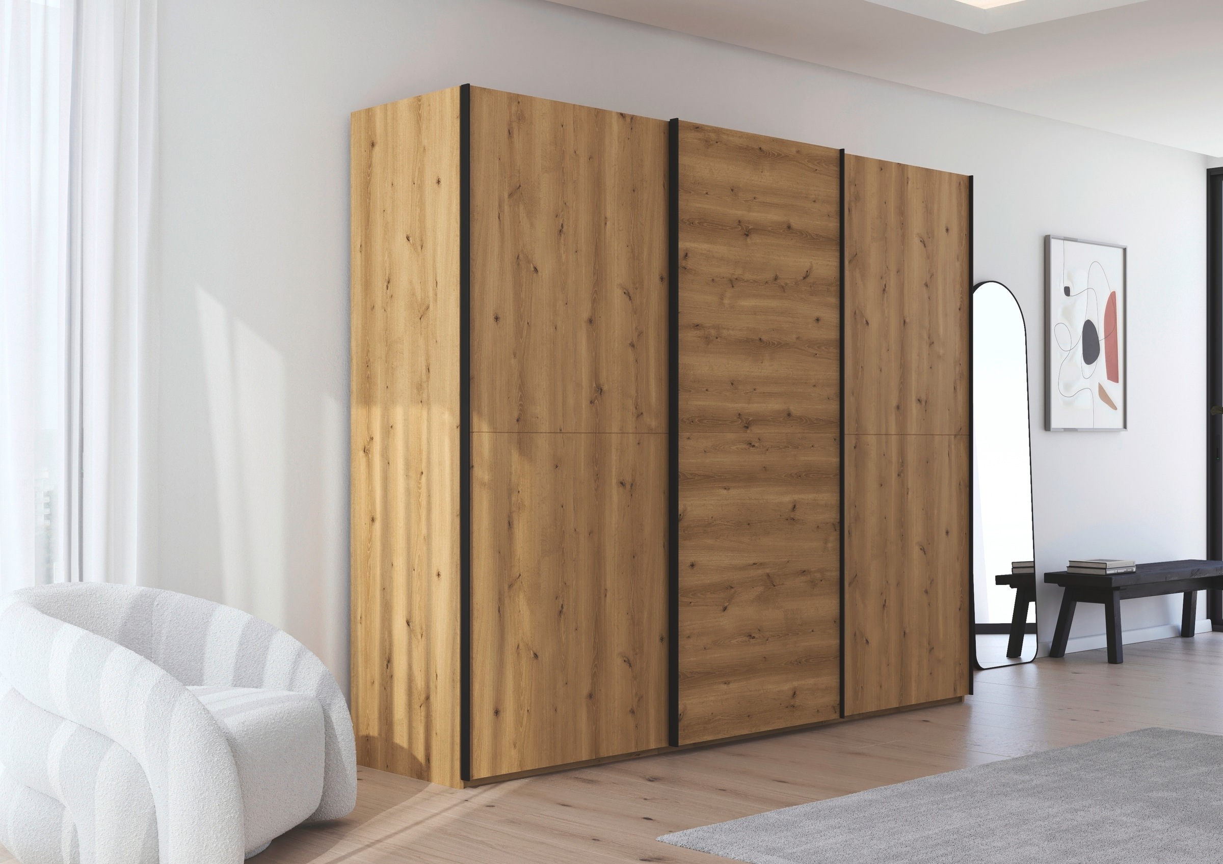 rauch Schwebetürenschrank »Kleiderschrank Schrank Garderobe Schlafzimmerschrank SCALE-WOOD«, senkrecht geteilte Türen in robuster massiver Asteiche MADE IN GERMANY