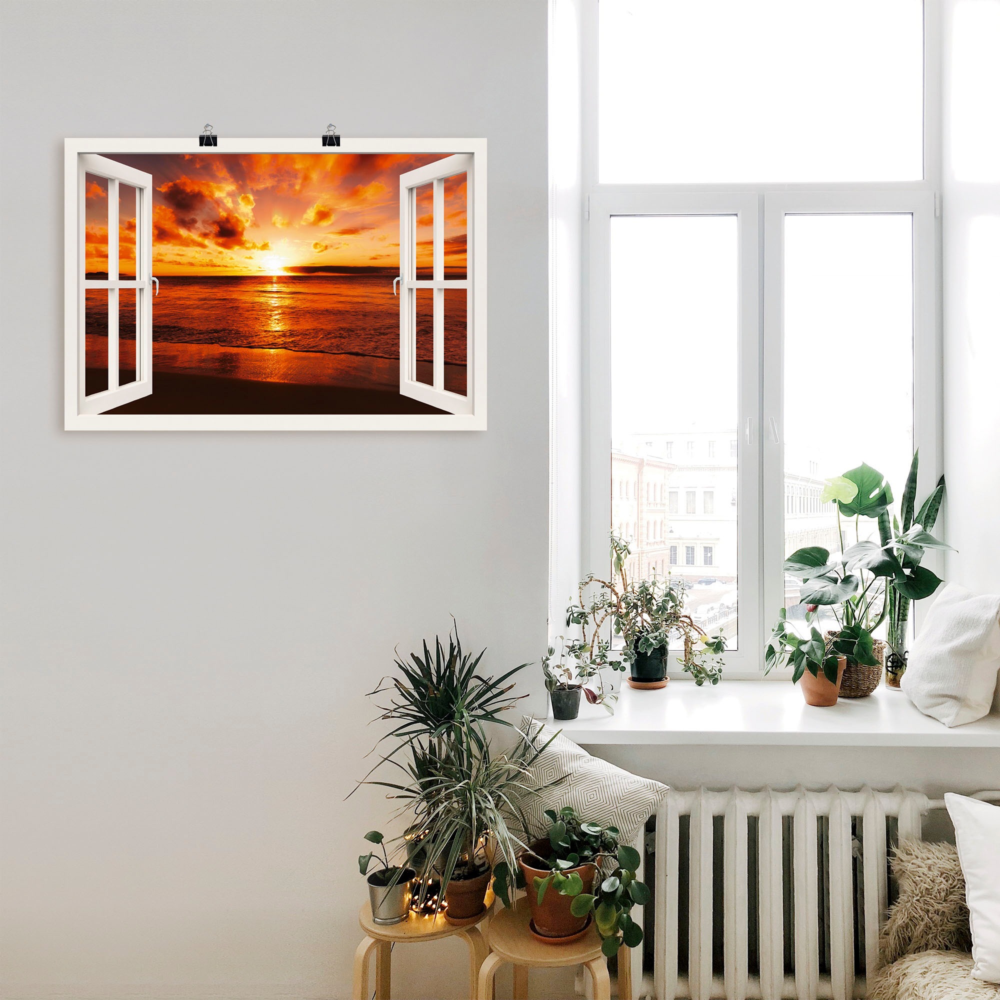 Artland Wandbild "Fensterblick Sonnenuntergang am Strand", Fensterblick, (1 günstig online kaufen