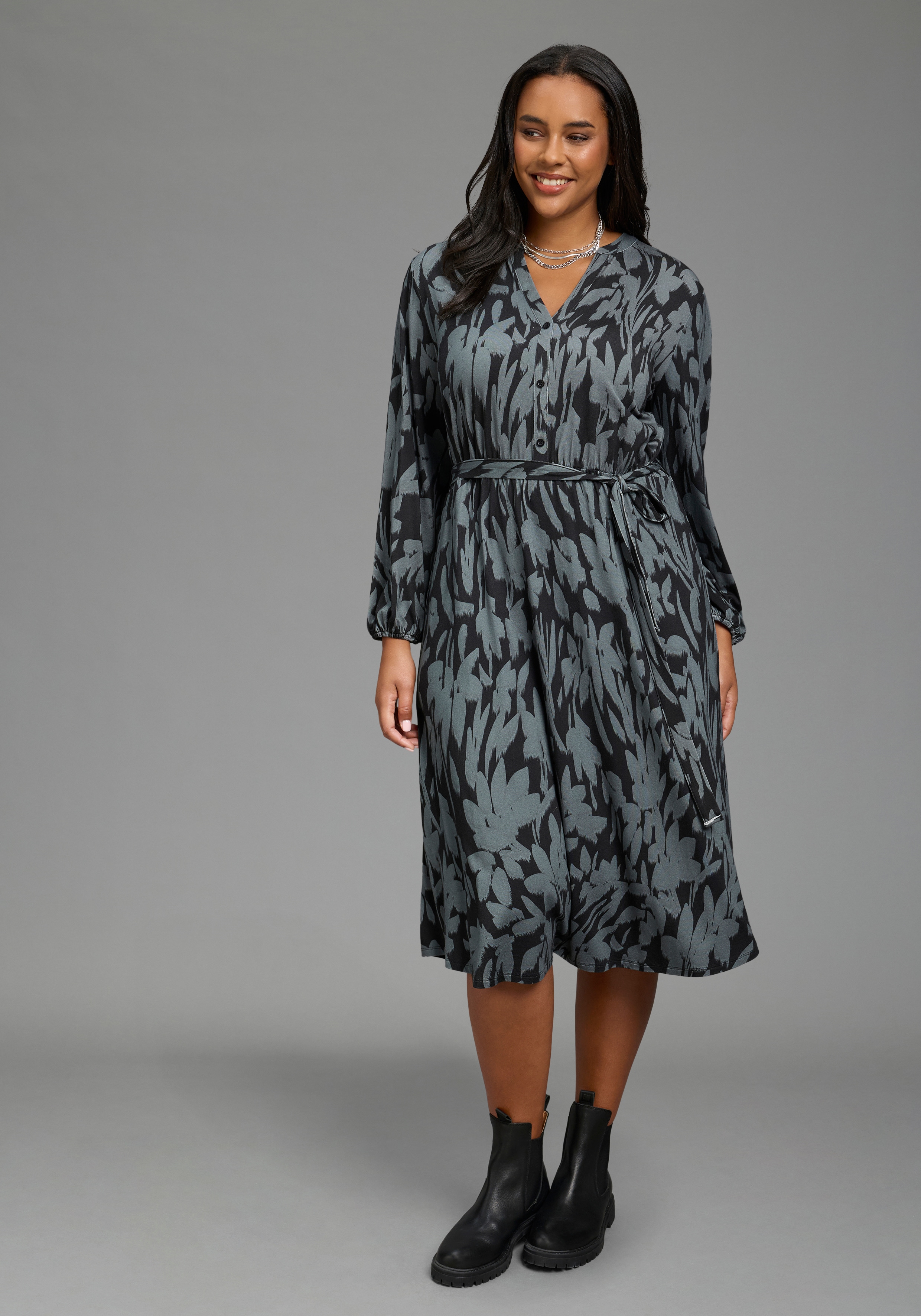 Laura Scott CURVE Jerseykleid "Große Größen" wadenlang, gemustert, aus elastischer Viskosemischung, Langarm