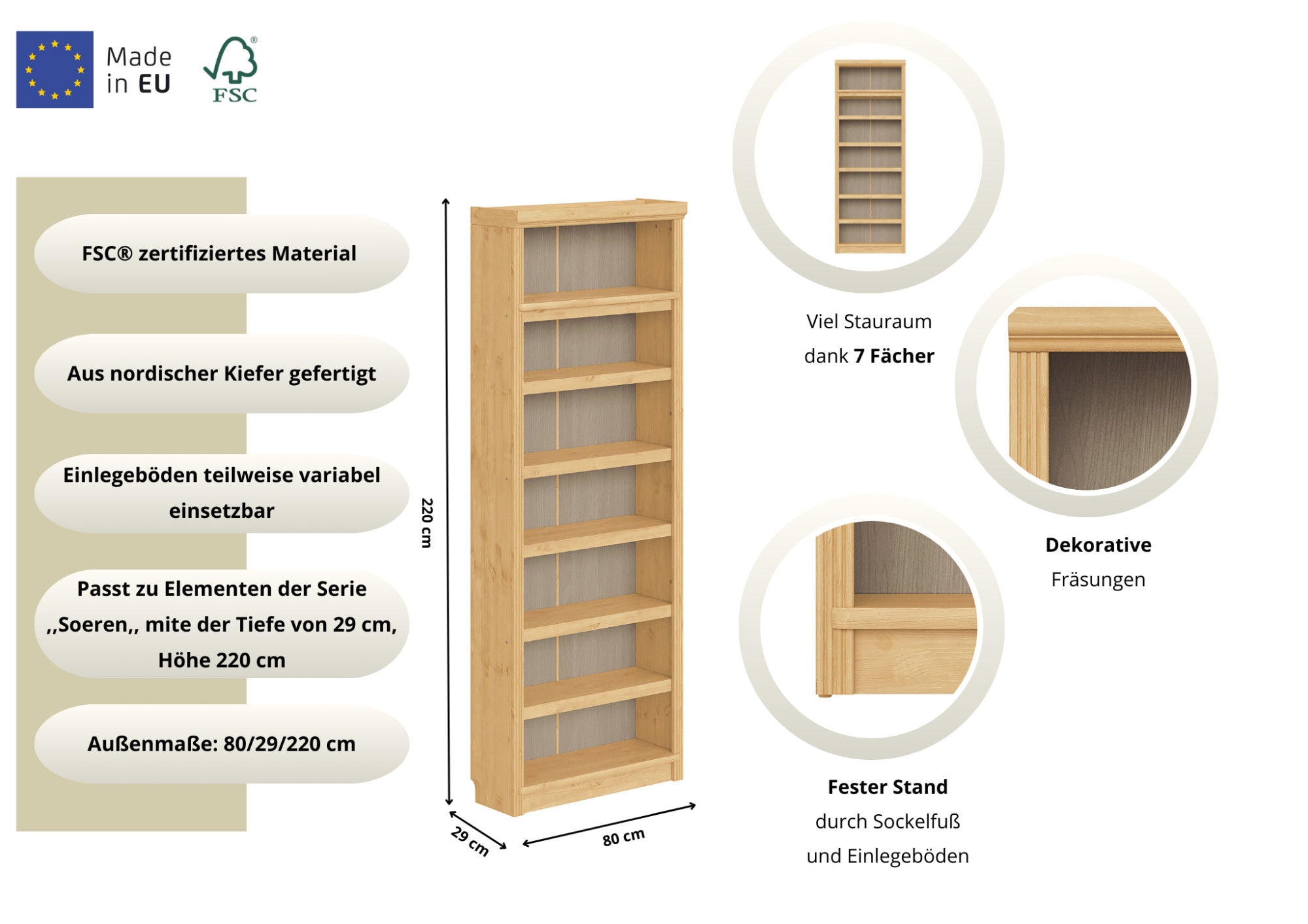 OTTO home Bücherregal »Soeren Regal B/T/H: 80/29/220 cm« 7 offene Fächer, massive Kiefer, FSC®-zertifiziert