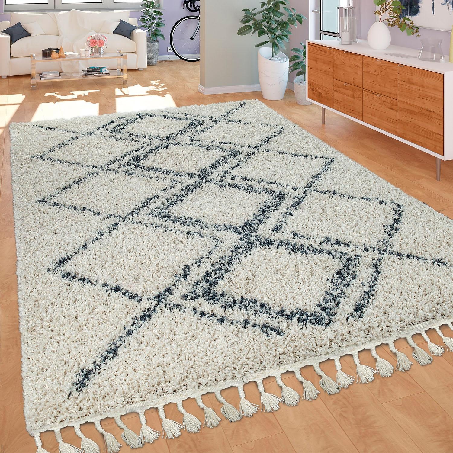 Paco Home Hochflor-Teppich »Nador 751«, rechteckig, weicher Shaggy mit Rauten Design und Fransen