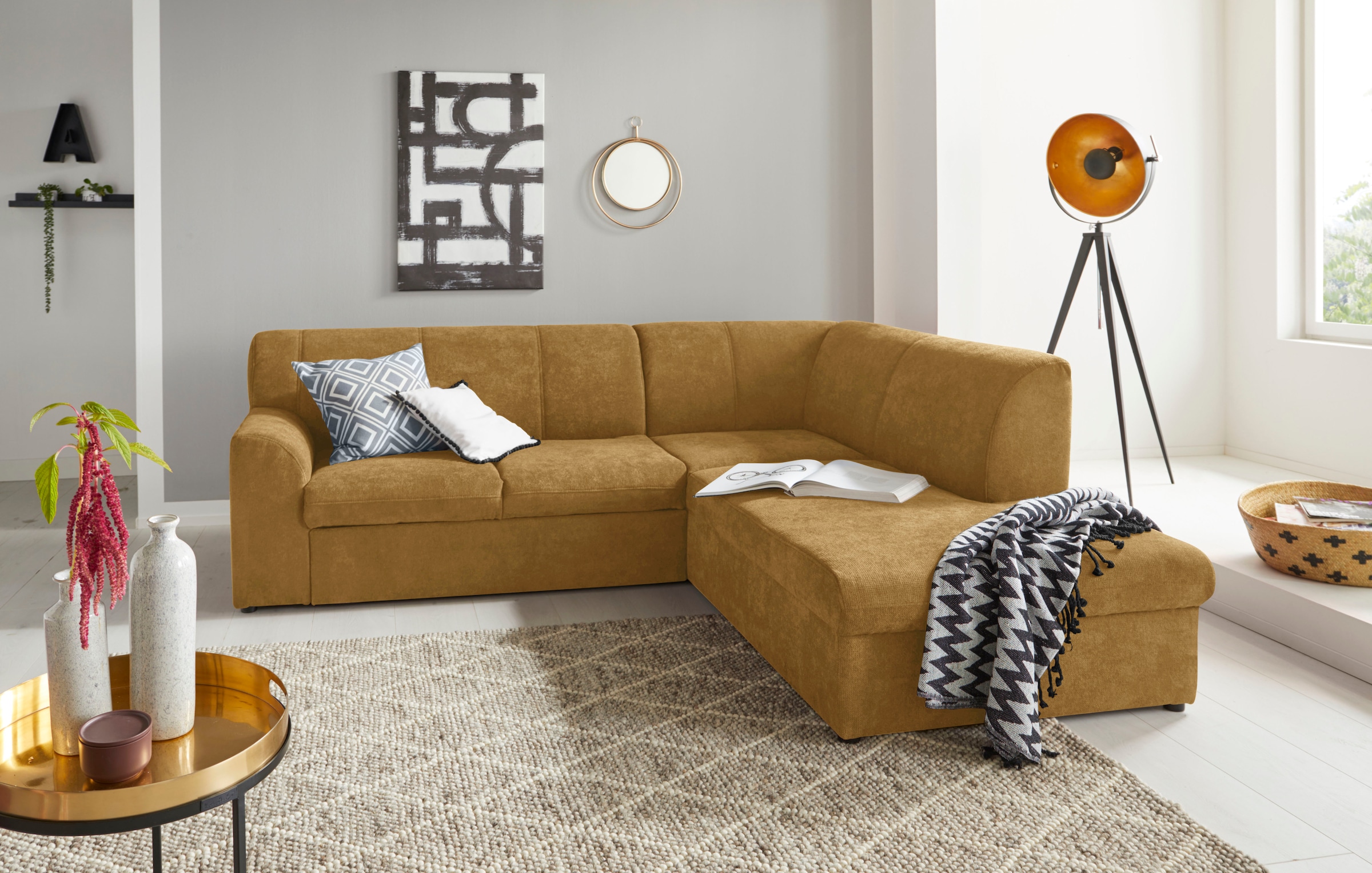 DOMO collection "Topper zeitlos elegant, kompakte StellmaßeL-Form" mit Ottomane, wahlweise mit Schlaffunktion