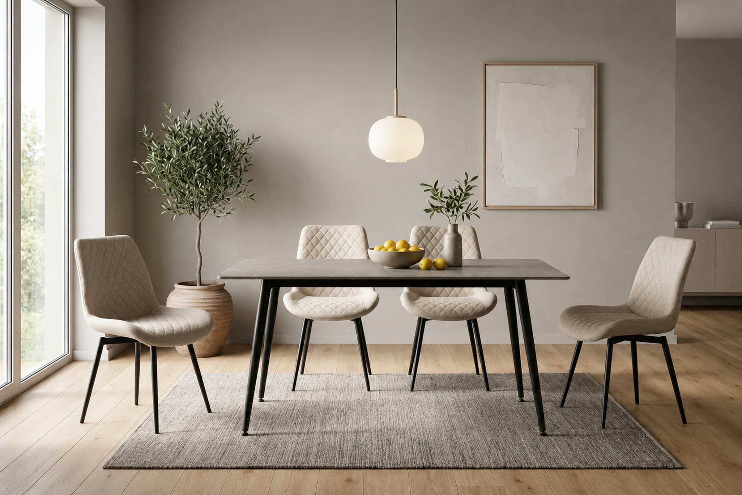 OTTO home "Juniper, Set, 5-tlg." Set, 5 tlg. Tisch 140x80cm in Sinterstein-Keramikoptik mit 4 Stühlen, 360 drehbar
