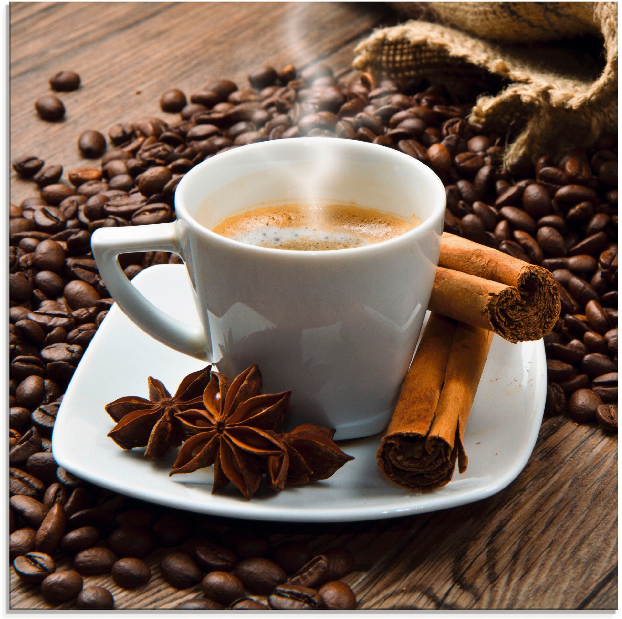 Artland Glasbild "Kaffeetasse Leinensack mit Kaffeebohnen" Getränke 1 Stk. günstig online kaufen
