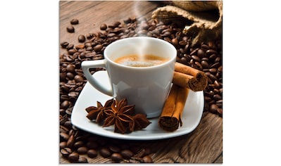 Glasbild »Kaffeetasse Leinensack mit Kaffeebohnen«, Getränke, (1 St.), in...