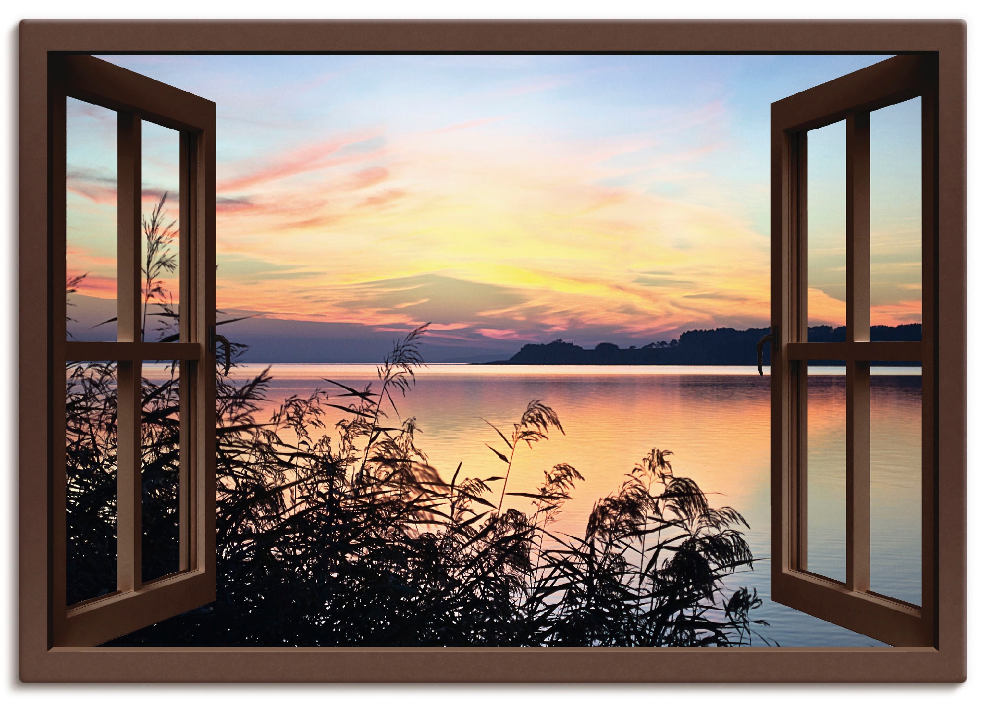 Artland Wandbild (1 Wandaufkleber bestellen Fensterblick, als | Leinwandbild, Größen Abendrot - Schilf«, BAUR in Poster im oder »Fensterblick St.), versch