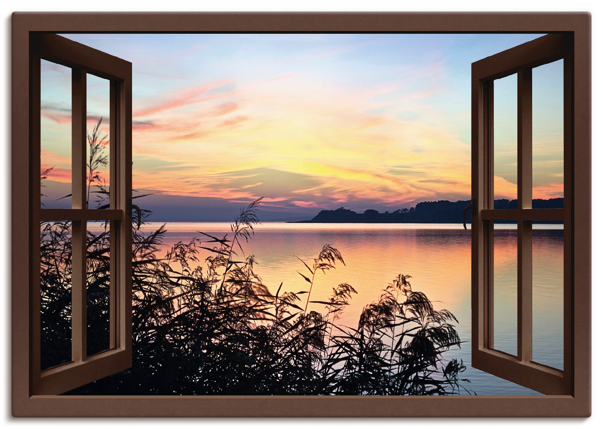 Artland Wandbild »Fensterblick Poster Wandaufkleber | Leinwandbild, BAUR (1 Größen Fensterblick, oder bestellen im St.), in Abendrot - Schilf«, als versch