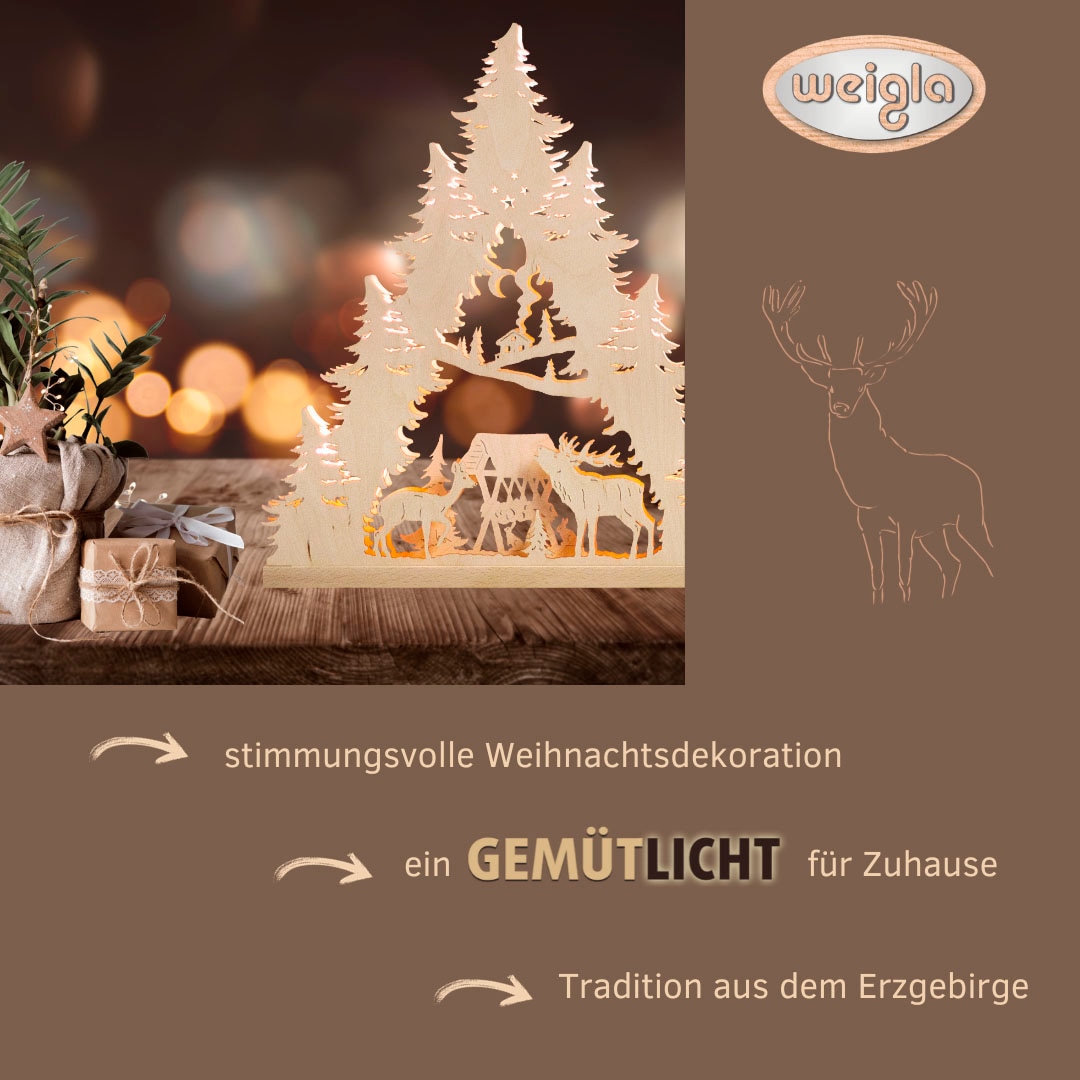Weigla LED Lichterbogen »Hirschfamilie, Schwibbogen aus Holz, NATUR«, Erzgebirge garantiert, Weihnachtsdeko Innen, Weihnachtsbeleuchtung