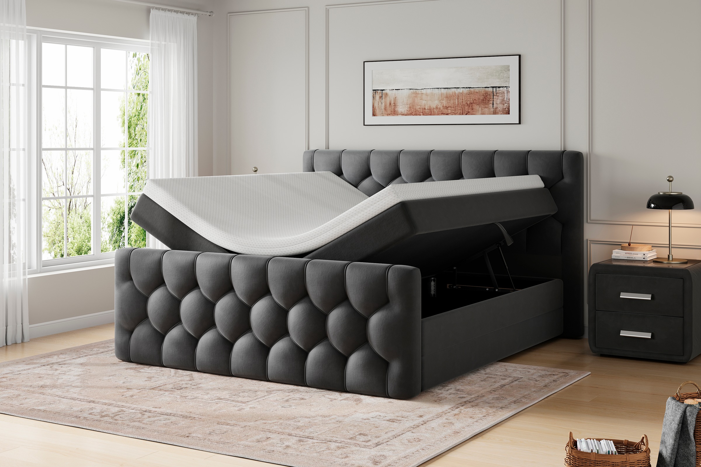 OTTO home Boxbett »BASILL, Polsterbett mit Bettkasten und Taschenfederkernmatratze H3« mit 7cm Komfortschaum-Topper, Samt-Bezug, 180x200cm