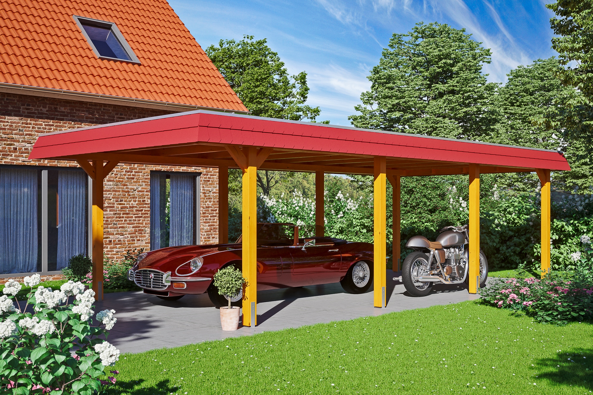Skanholz Einzelcarport »Wendland«, Leimholz-Fichte, 341 cm, Eiche hell, mit Aluminiumdach, rote Blende