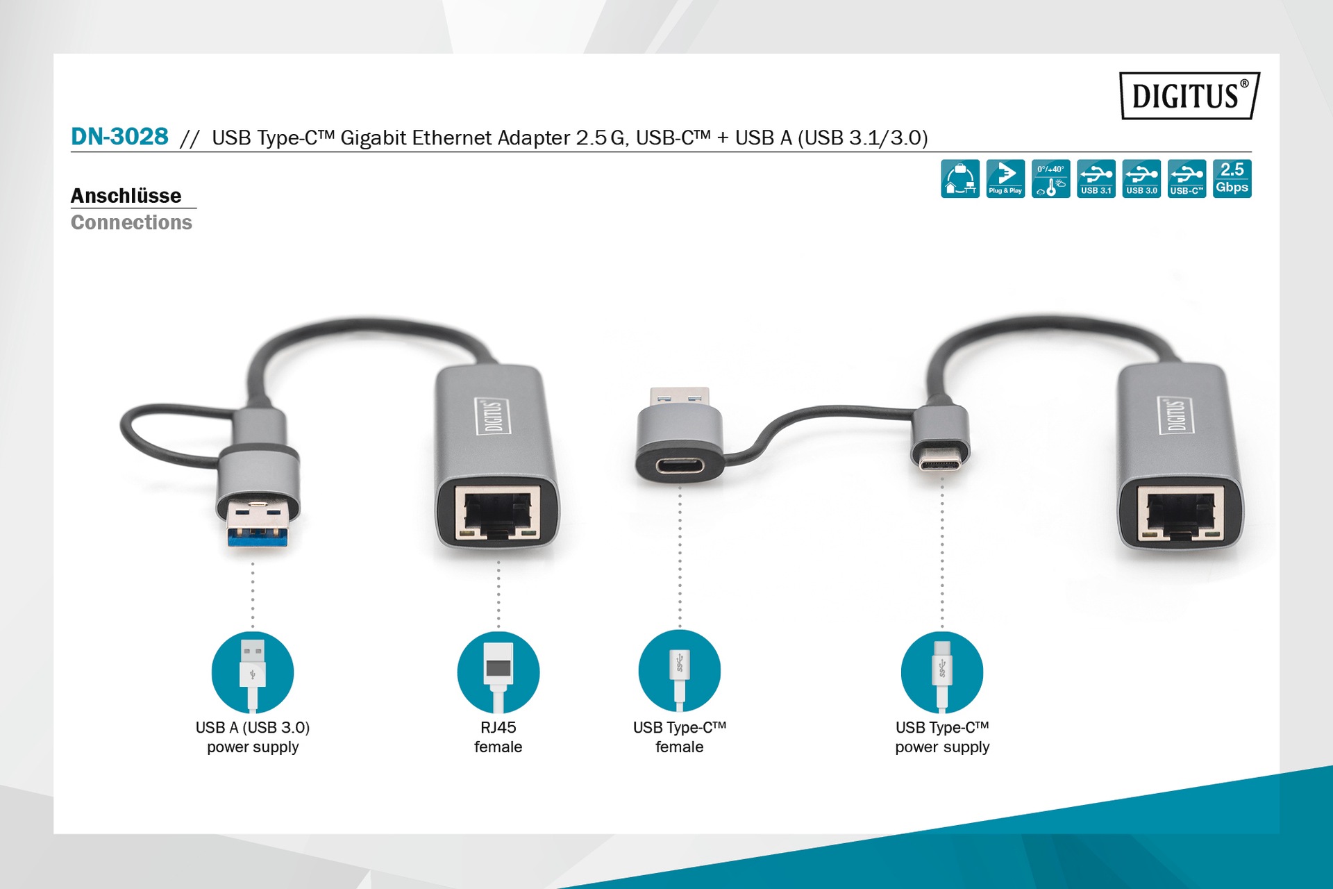 Digitus Netzwerk-Adapter »USB-C Gigabit Ethernet Adapter 2.5G, USB-C + USB A«, 15 cm