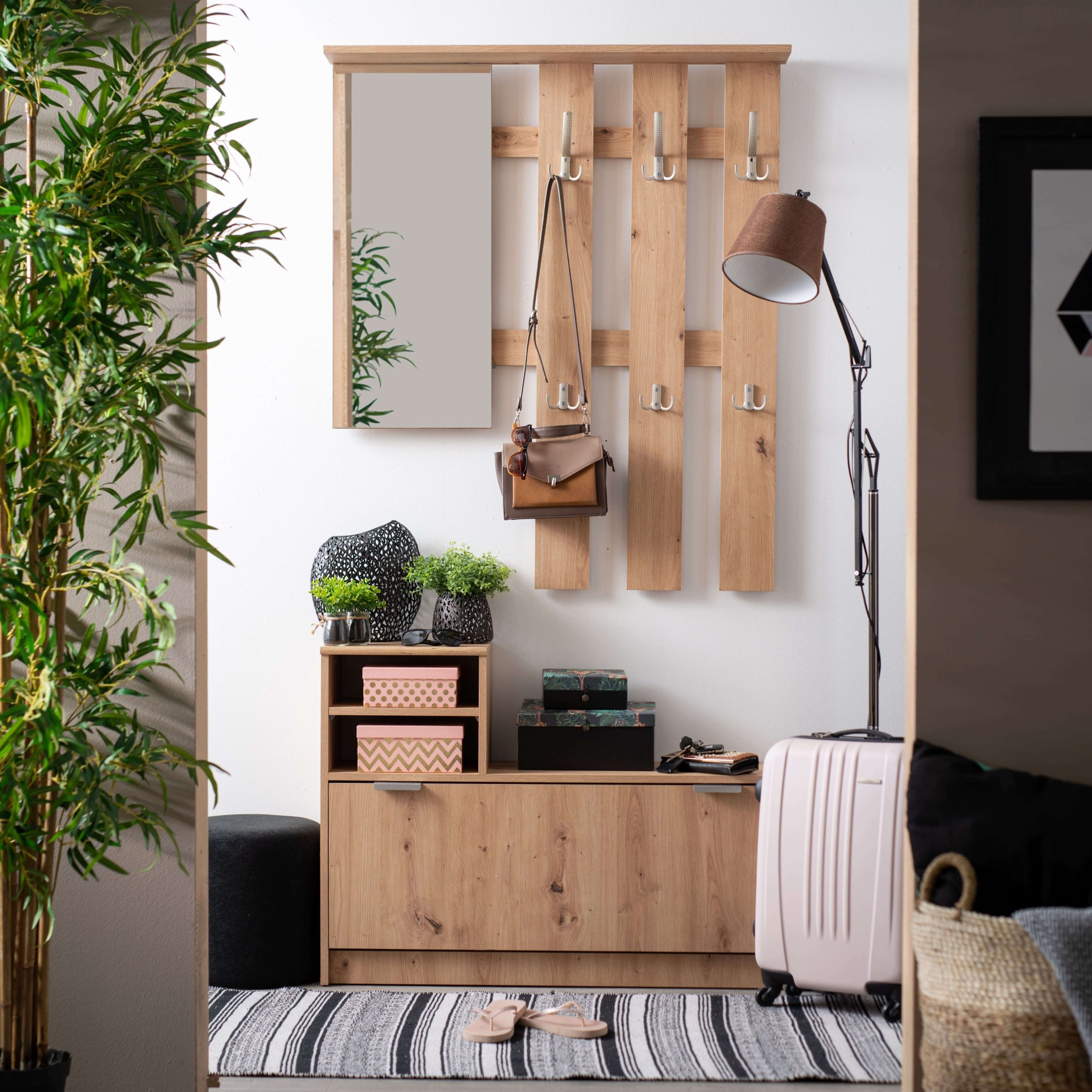 INOSIGN Garderoben-Set »Ravenna Flurgarderobe, Dielenschrank, Kompaktgarderobe, Breite 100 cm«, (Komplett-Set, 2 St.), inkl. Schuhschrank und Garderobenpaneel, mit Klapptür, Spiegel, Haken