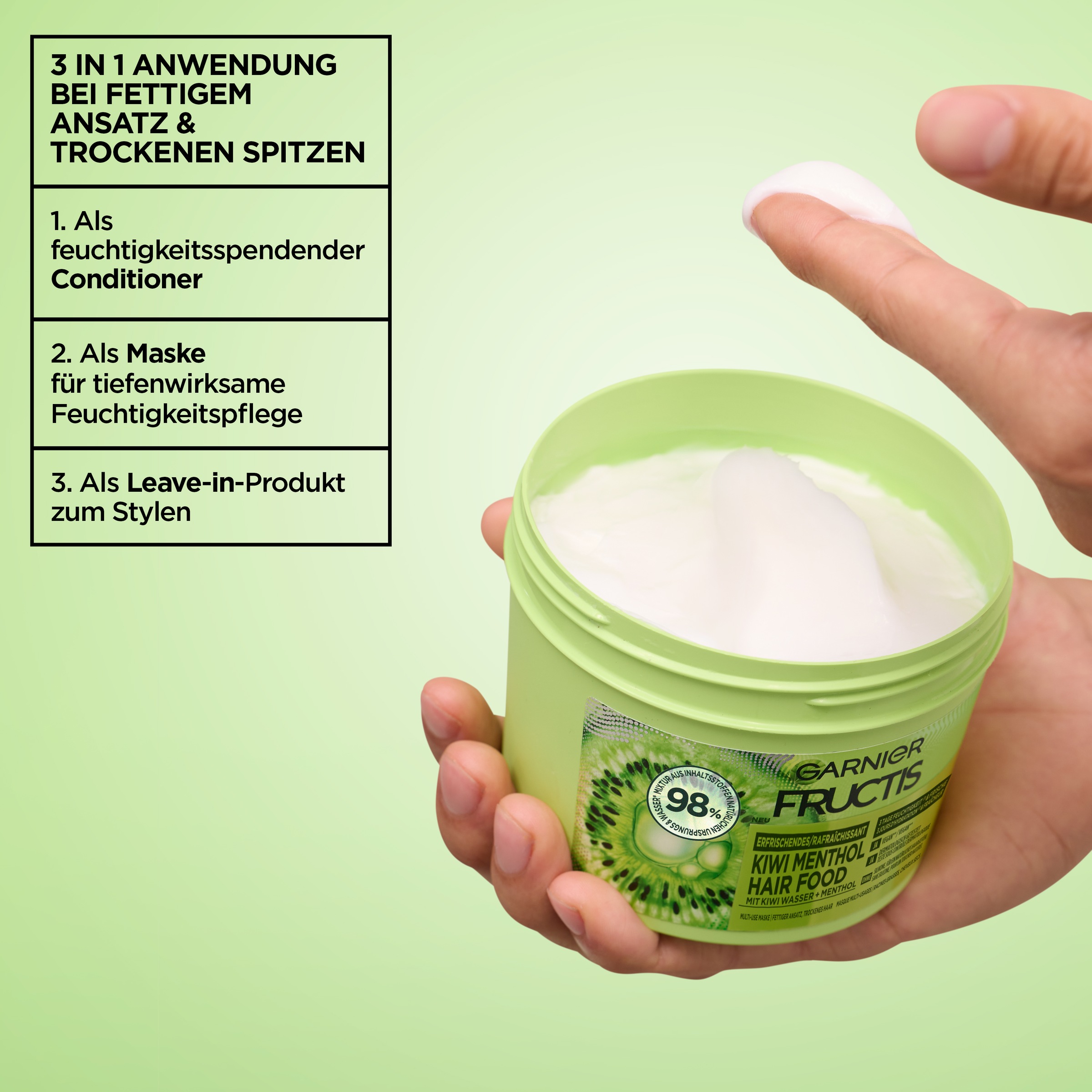 GARNIER Haarmaske »Garnier Fructis Multi-Use Haarmaske Kiwi Menthol Hair Food« für fettigen Ansatz und trockene Längen, Multi-Use Maske