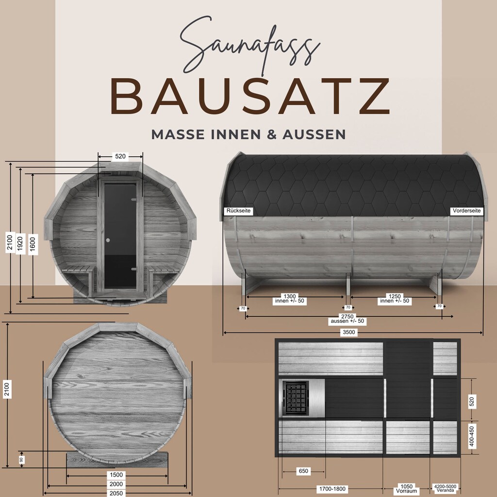 EDEN Holzmanufaktur Fasssauna »Bausatz, Teile vormontiert Fichte Remmers Lasur«, (Set), Vorraum Veranda inkl. Harvia Holzofen Linear 18, Zubehör