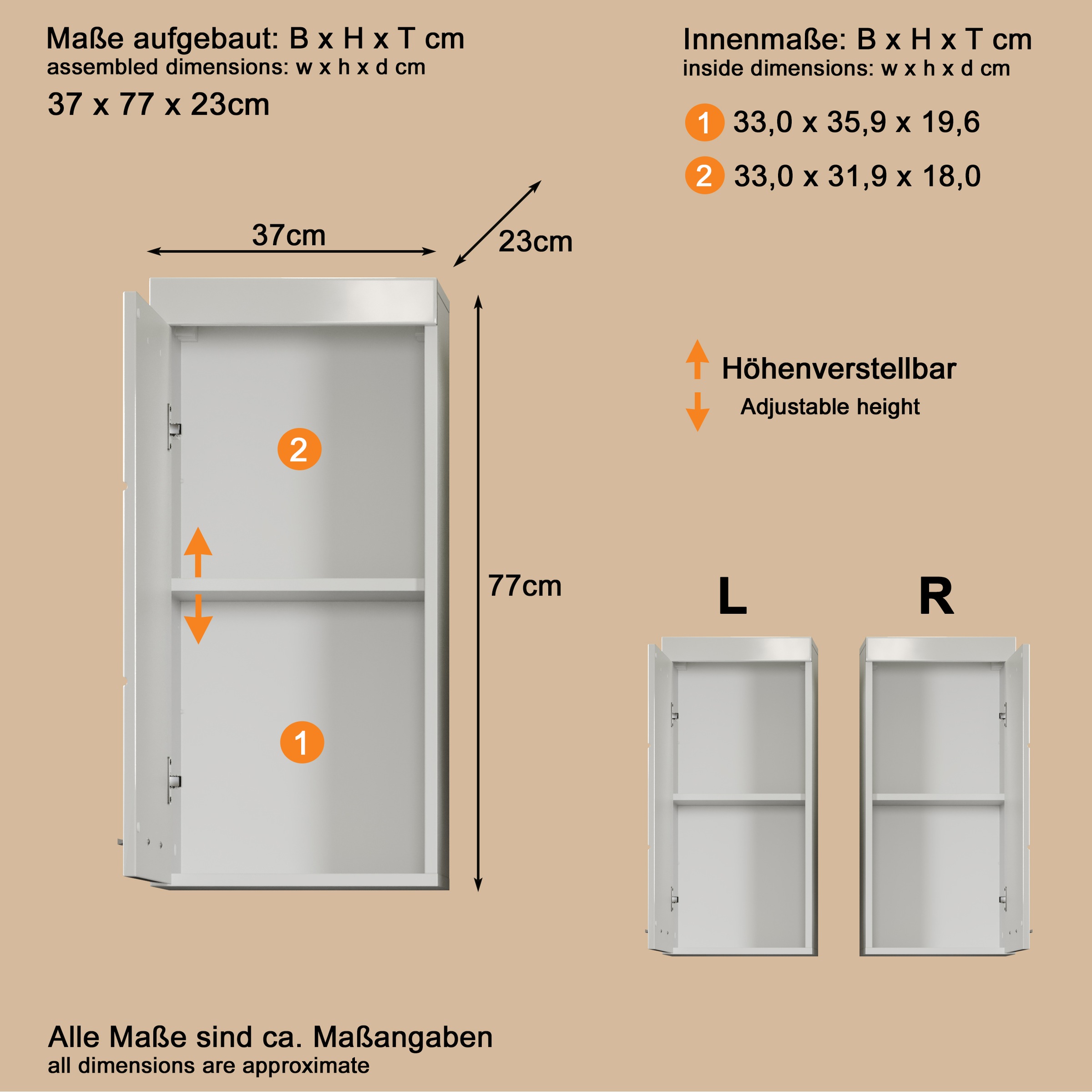 Thumbnail - welltime Hängeschrank "Avena" Badschrank mit 1 Tür & 1 Boden - (B/T/H) 37/23/77 cm