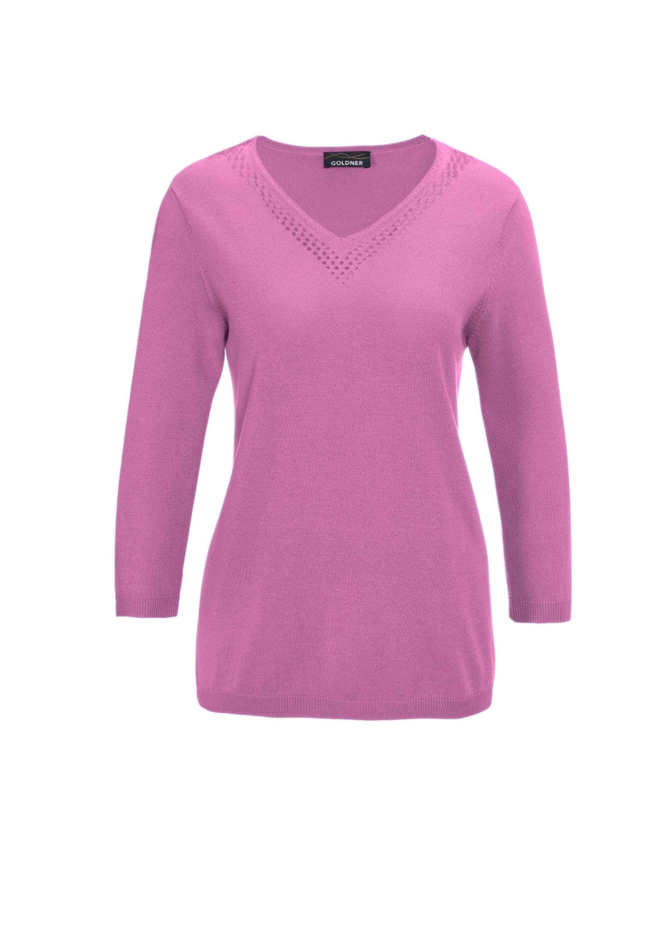 GOLDNER Rundhalspullover "Kurzgröße Baumwollpullover mit Ajour-Details" Mit hübschen Ajourdetails am V-Ausschnitt