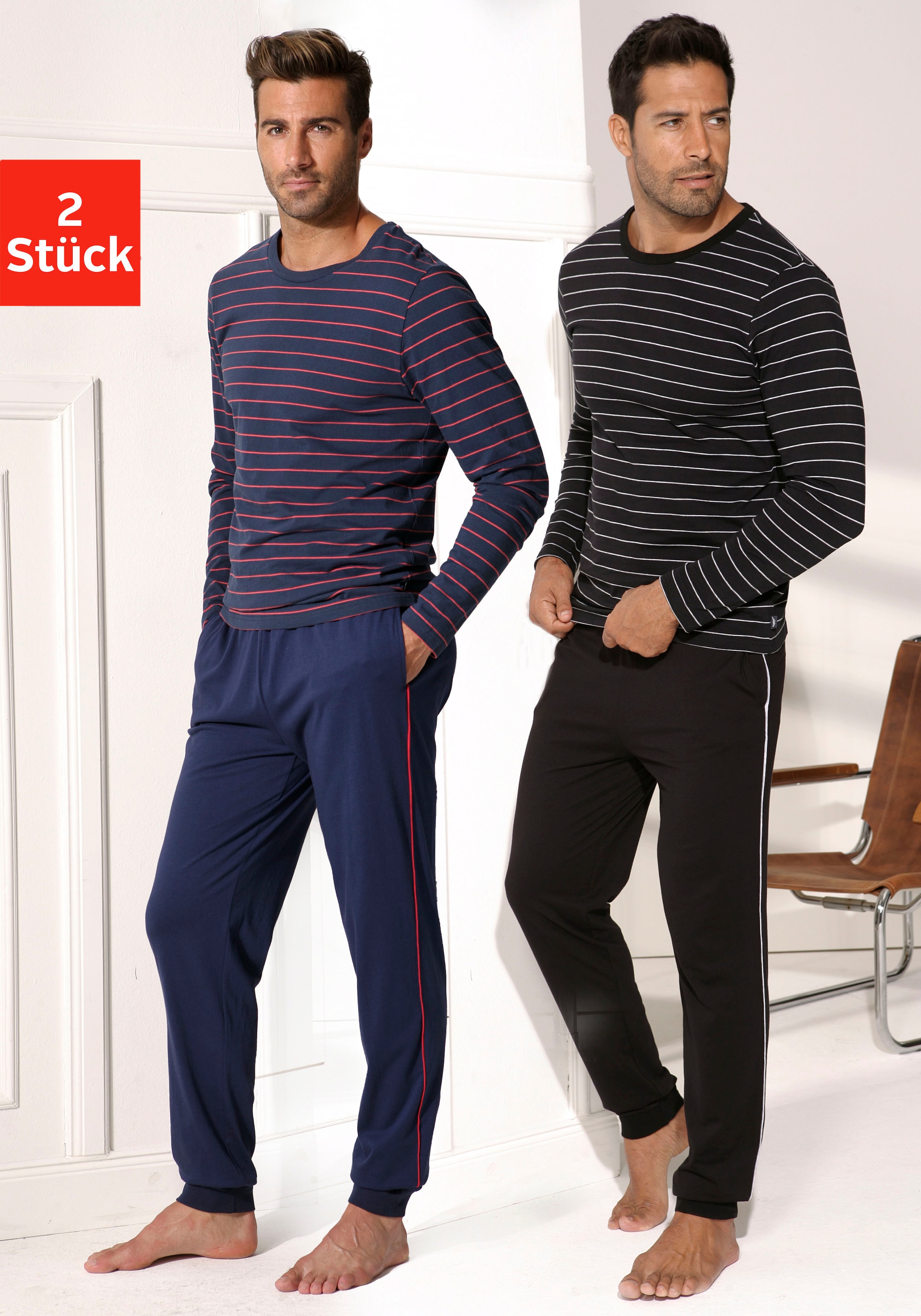 AUTHENTIC LE JOGGER Pyjama Packung, 4 tlg. Schlafanzug in langer Form mit garngefärbten Streifen