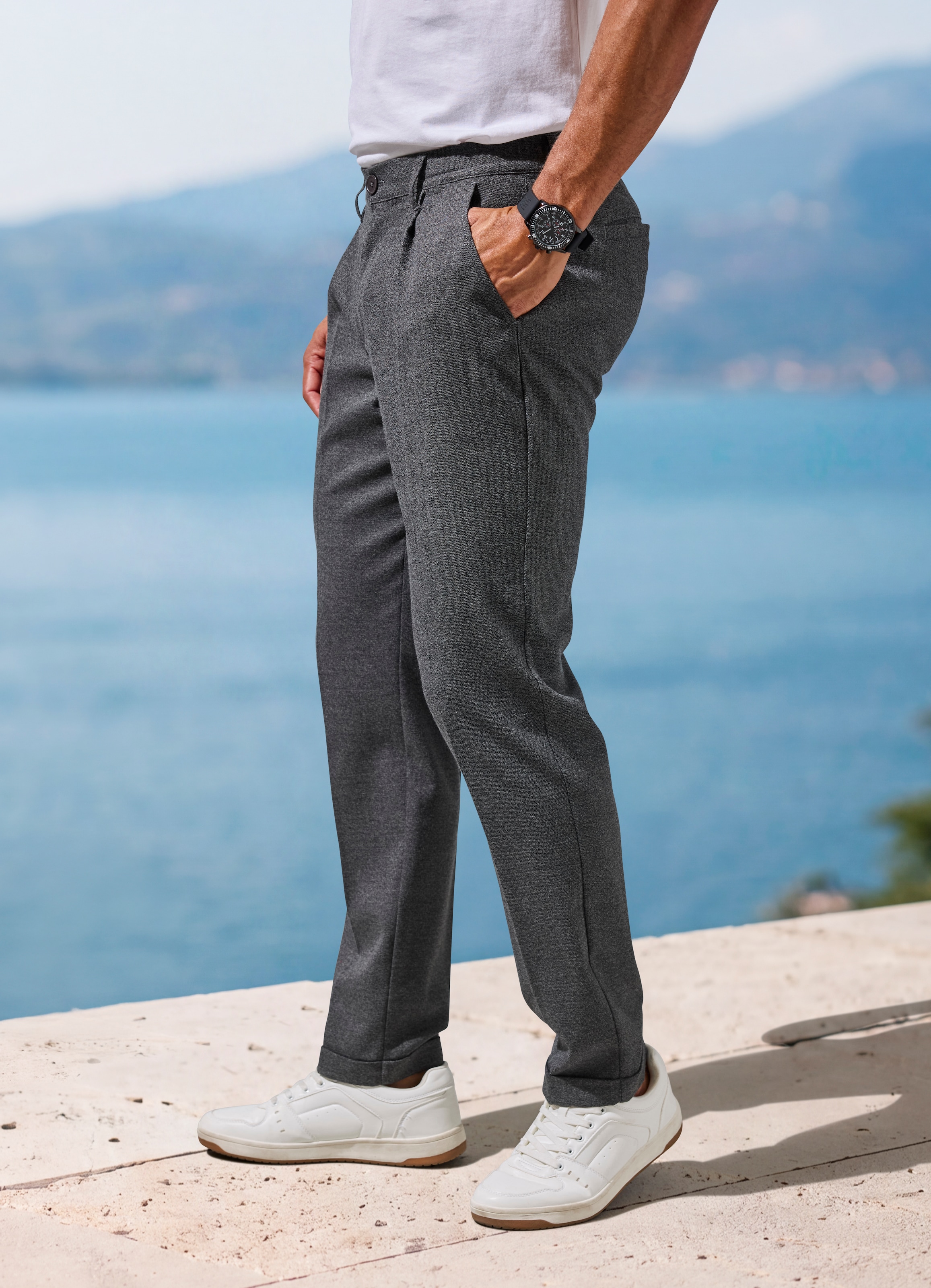 H.I.S Stoffhose ", Dehnbundhose mit Bundfalten und umgeschlagenem Saum" mit elastischem Bund und Bügelfalten