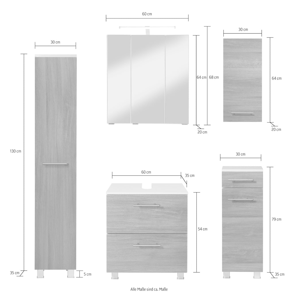 HELD MÖBEL Badmöbel-Set »"Trento", Badezimmer-Set, Hängeschrank, Unterschrank, Midischrank«, (5 St.)