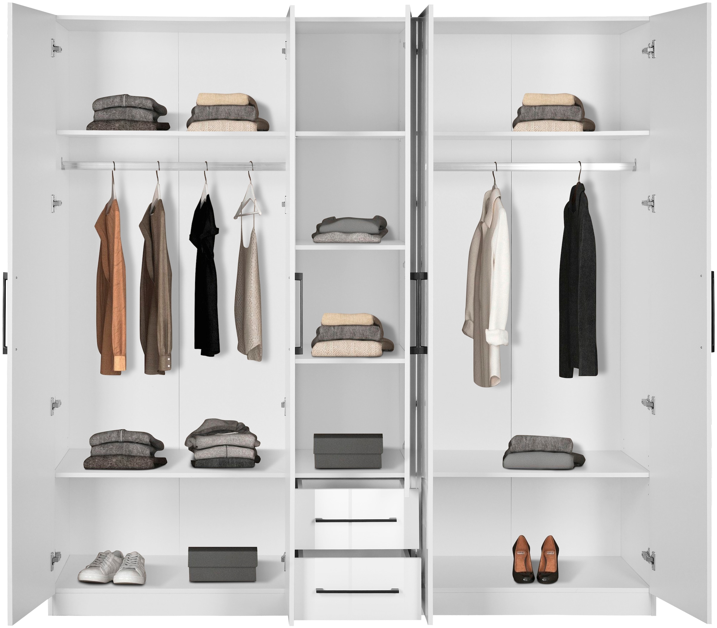 INOSIGN Kleiderschrank »Sylt Schlafzimmerschrank Garderobe Schrank TOPSELLER in hochglanz weiß«, (5 Türen, 2 Schubladen, schwarze moderne Griffe, 7 Einlegeböden), Drehtürenschrank mit perfekter Innenausstattung, Breite 200cm