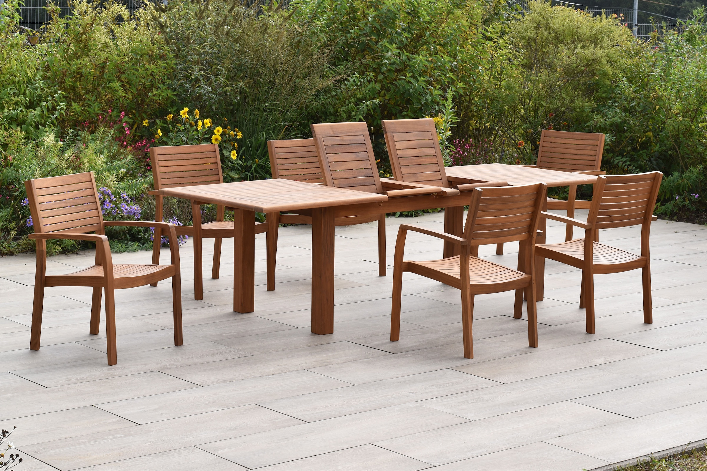 MERXX Garten-Essgruppe »»Batavia«« Set, Tisch doppelt ausziehbar: 100x 180/220/260x 75 cm, 7 Stk. tlg. moderne Landhausoptik in warmen Holznuancen
