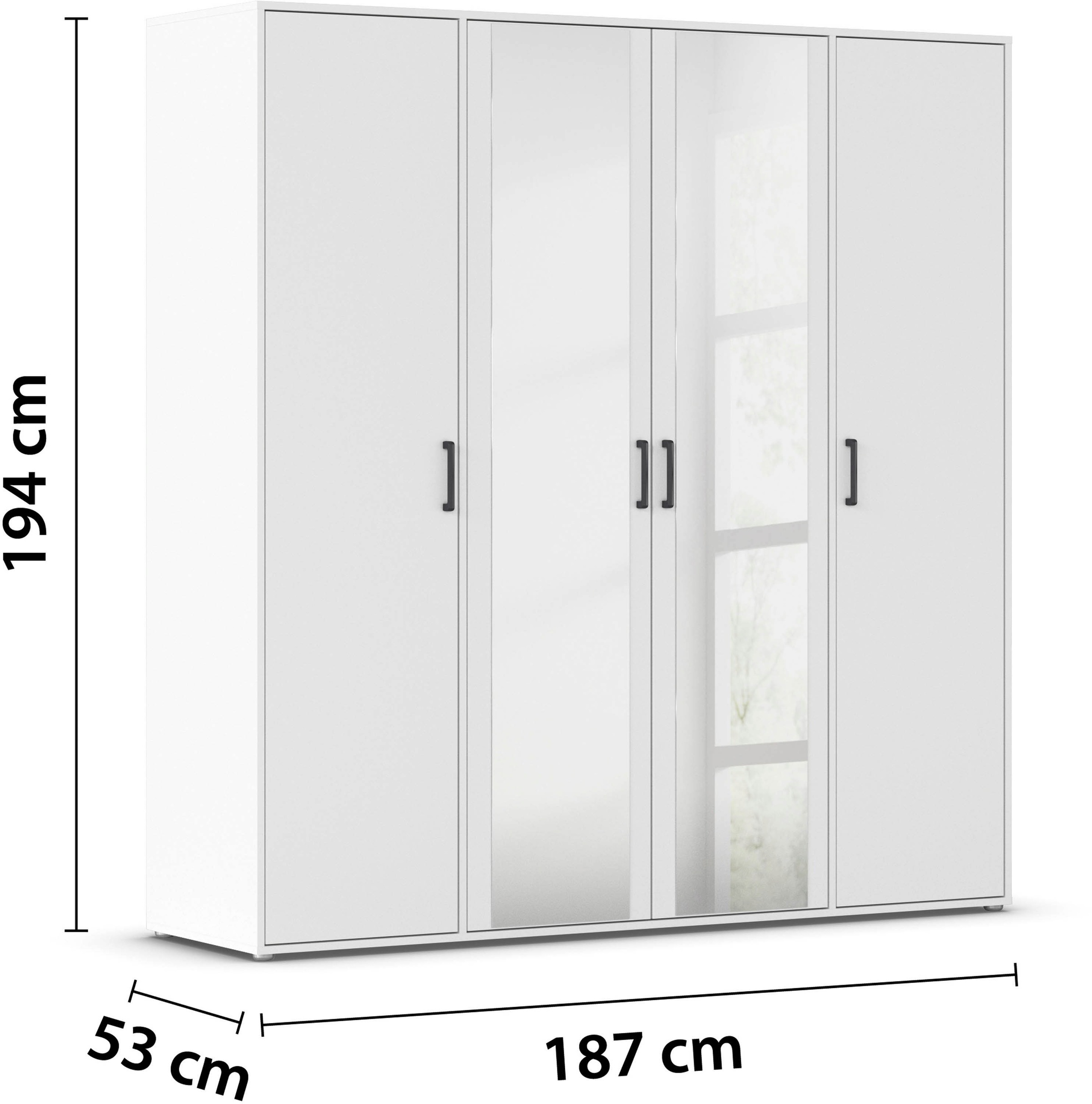 rauch Drehtürenschrank »Kleiderschrank Schrank Garderobe Wäscheschrank VOYAGER«, (in 3 verschiedenen Ausstattungen BASIC/CLASSIC/PREMIUM), mit modernen Griffen in Graumetallic und Spiegel