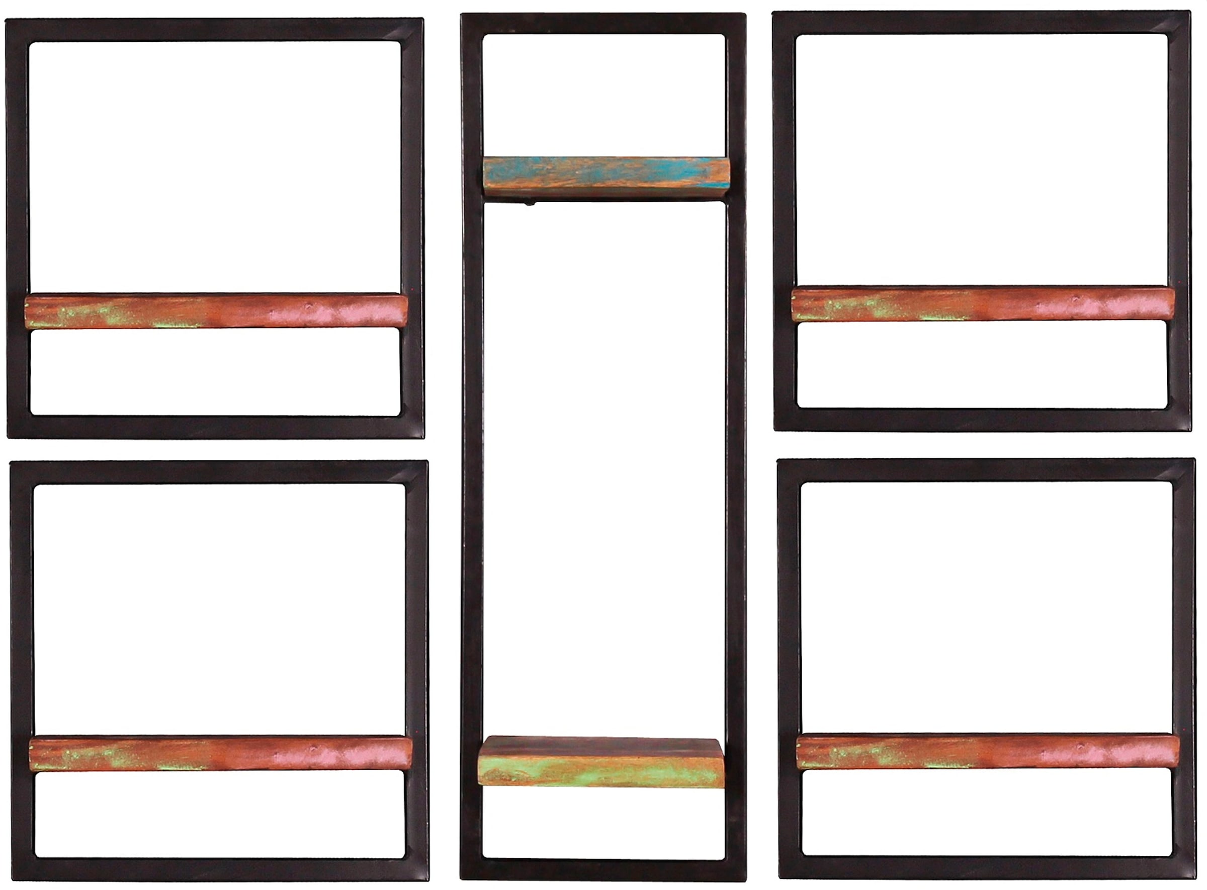 SIT Wandregal "Lovran 5-teilig aus Altholz mit schwarzem Metallrahmen" Set, 4 niedrige & 1 hohes Wandregal für flexible Wandgestaltung